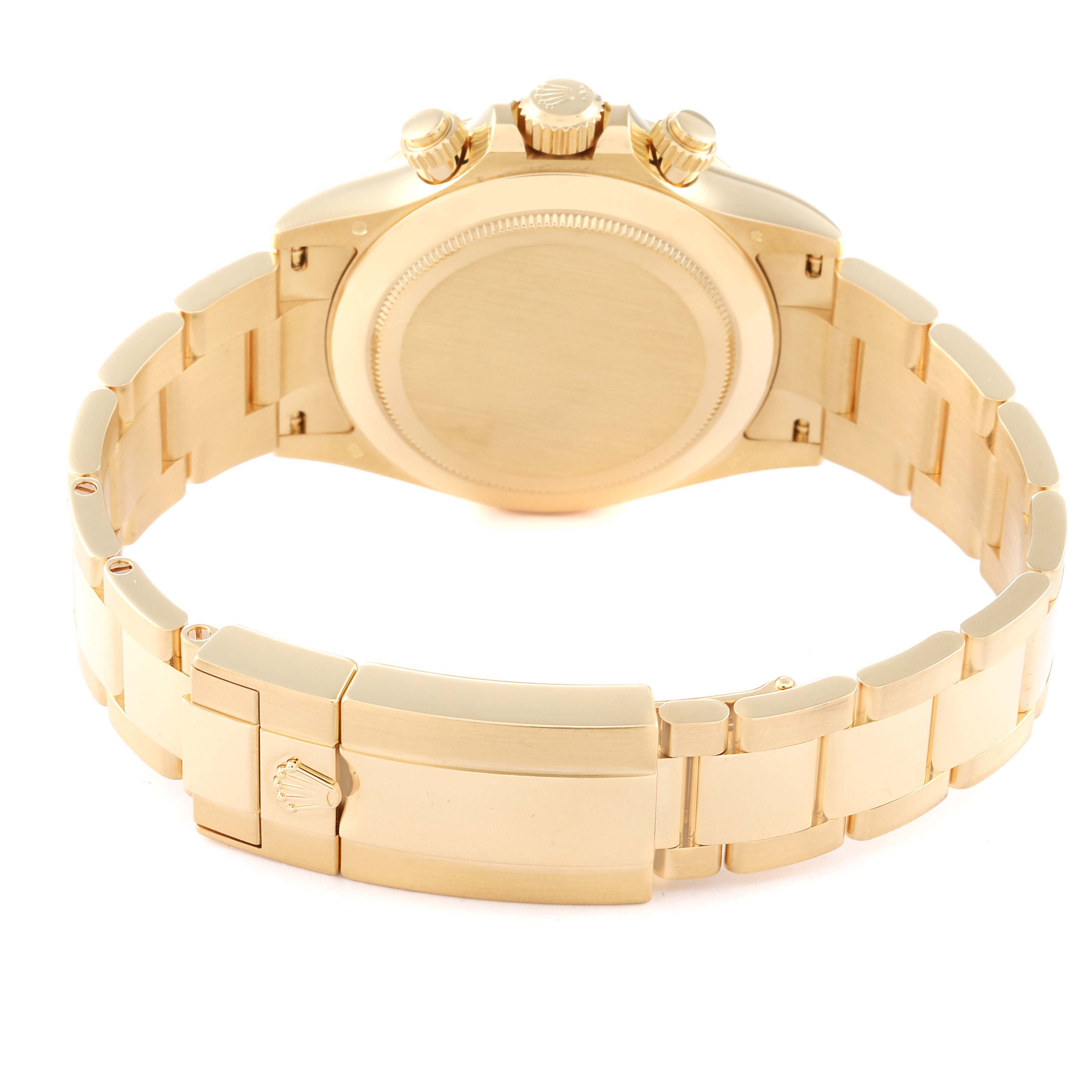 This image shows the back view and clasp of a Rolex Daytona 116508 Men's Yellow Gold Green Dial 116508 Men's Yellow Gold Green Dial watch in gold.