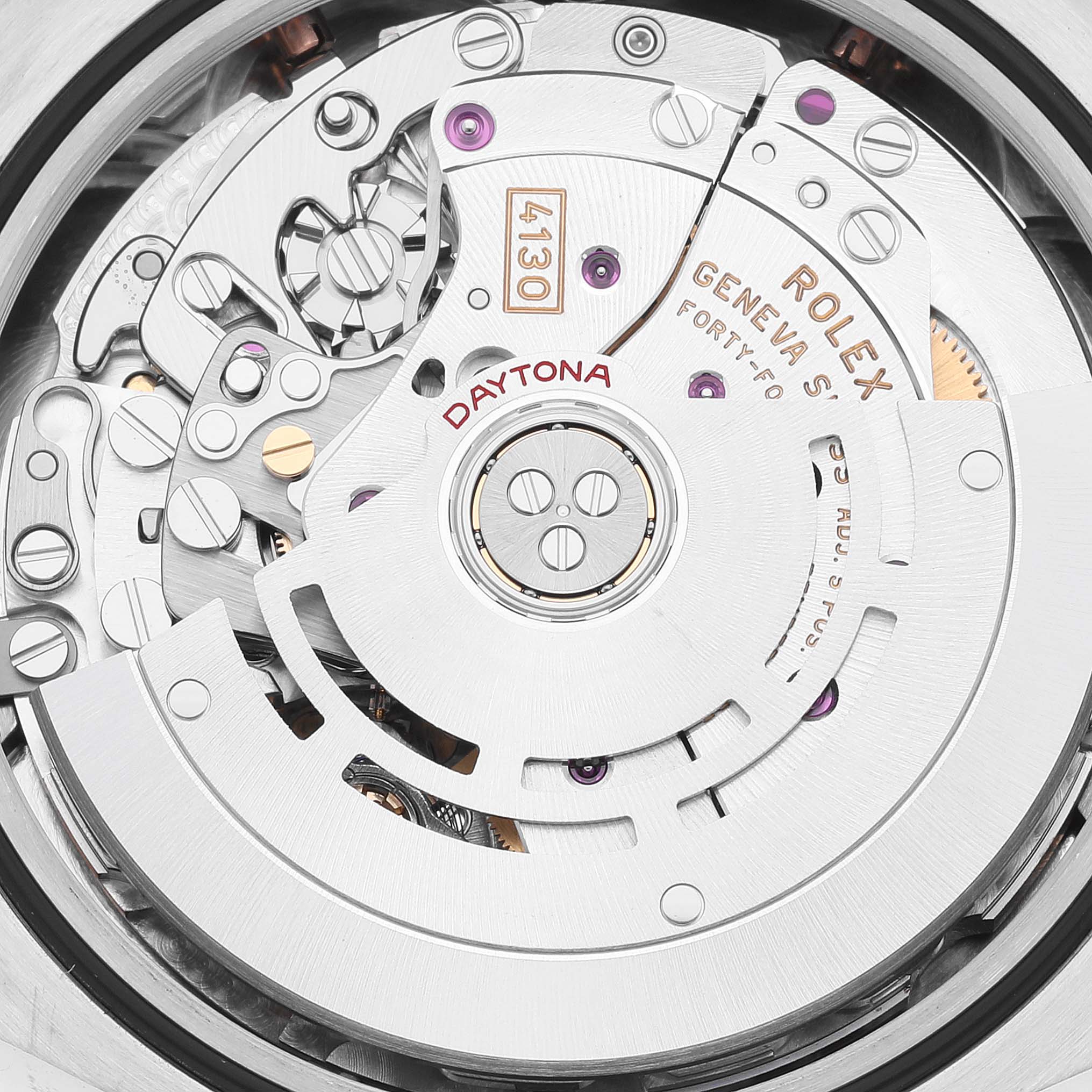 Close-up image of the Rolex Daytona 116509 Men's White Gold Blue Dial 116509 Men's White Gold Blue Dial watch's intricate internal movement parts, including gears and mechanisms.