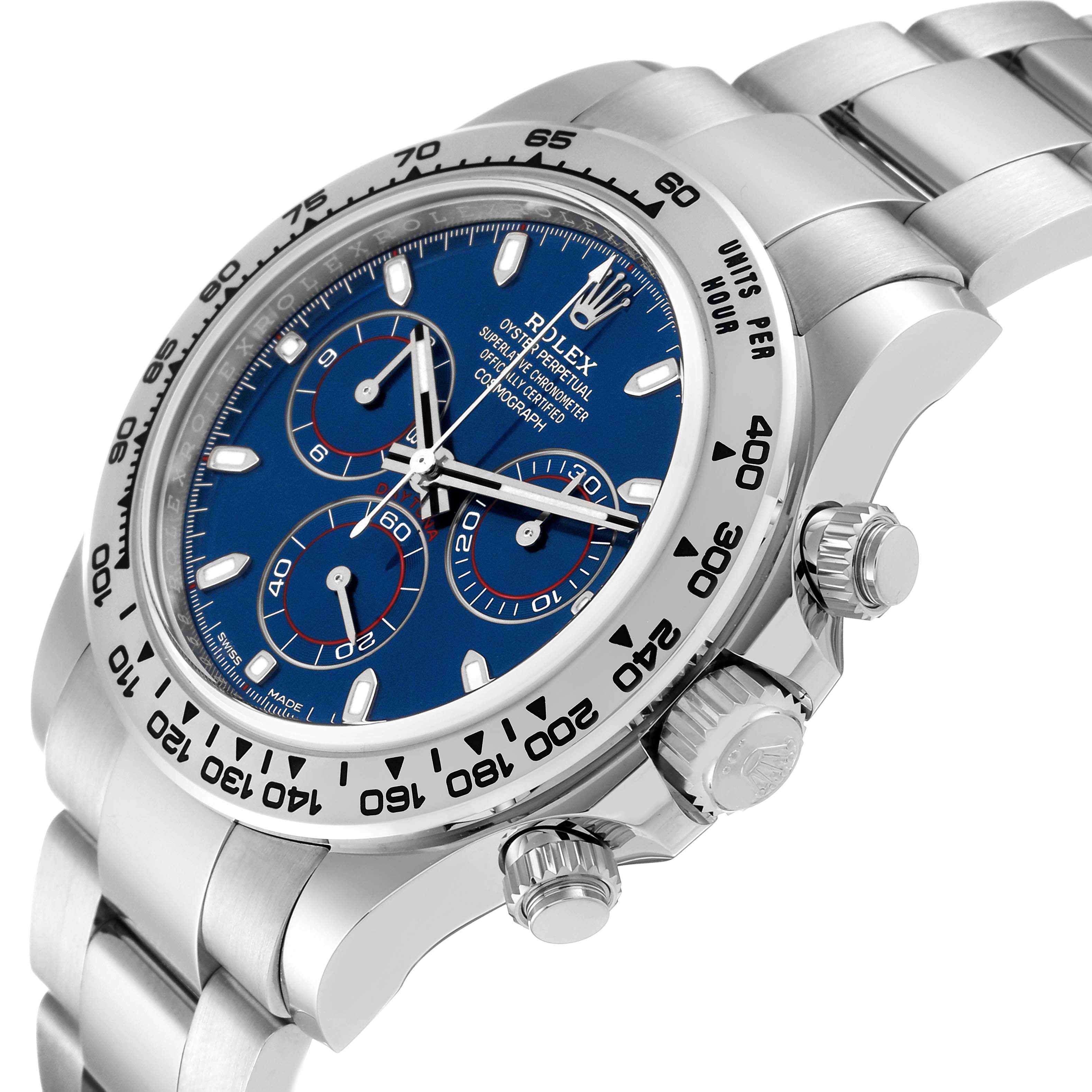 The image shows a close-up angled view of the Rolex Daytona 116509 Men's White Gold Blue Dial 116509 Men's White Gold Blue Dial watch, displaying the face, bezel, and part of the bracelet.