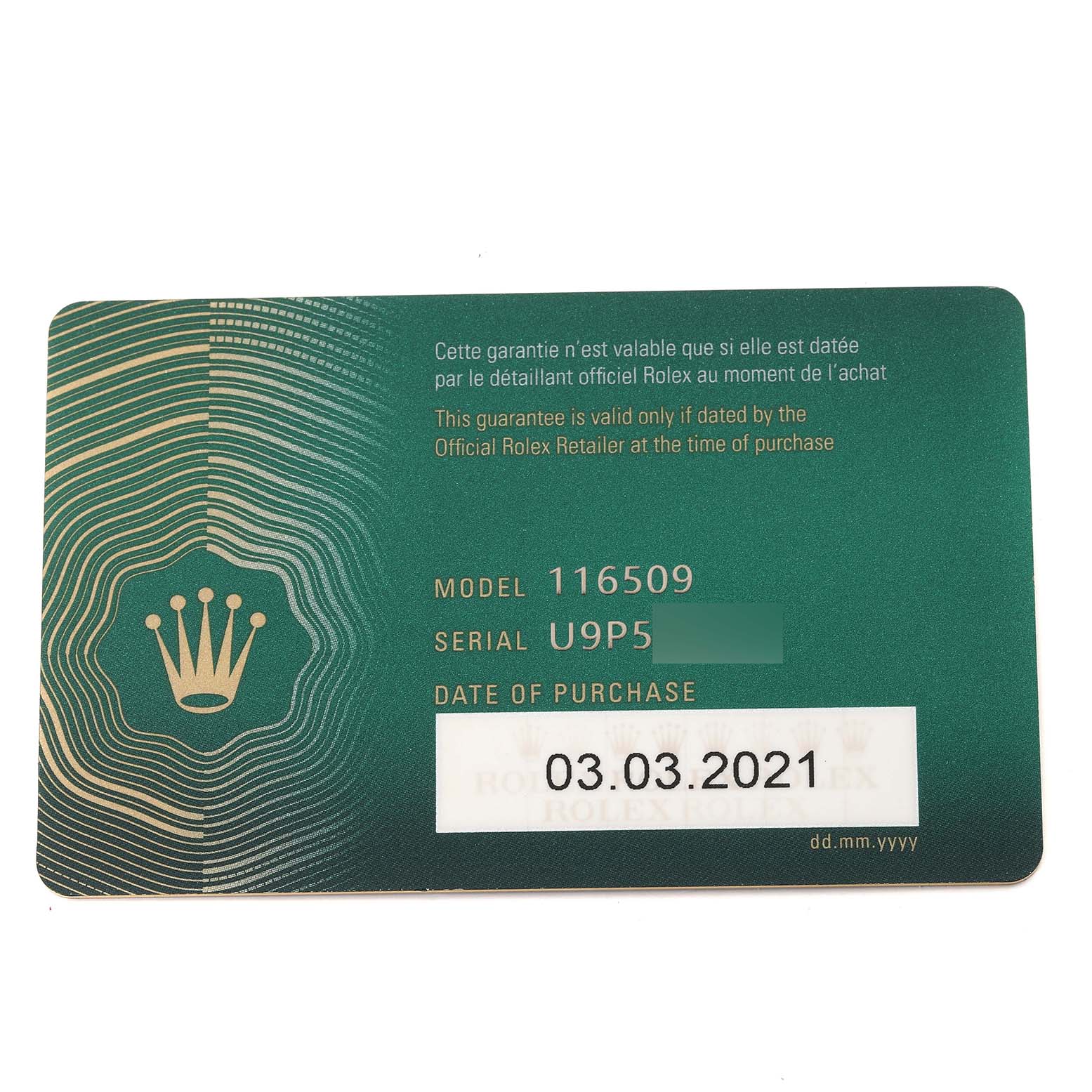 The image shows a green warranty card from Rolex for the Daytona model 116509, dated 03.03.2021.