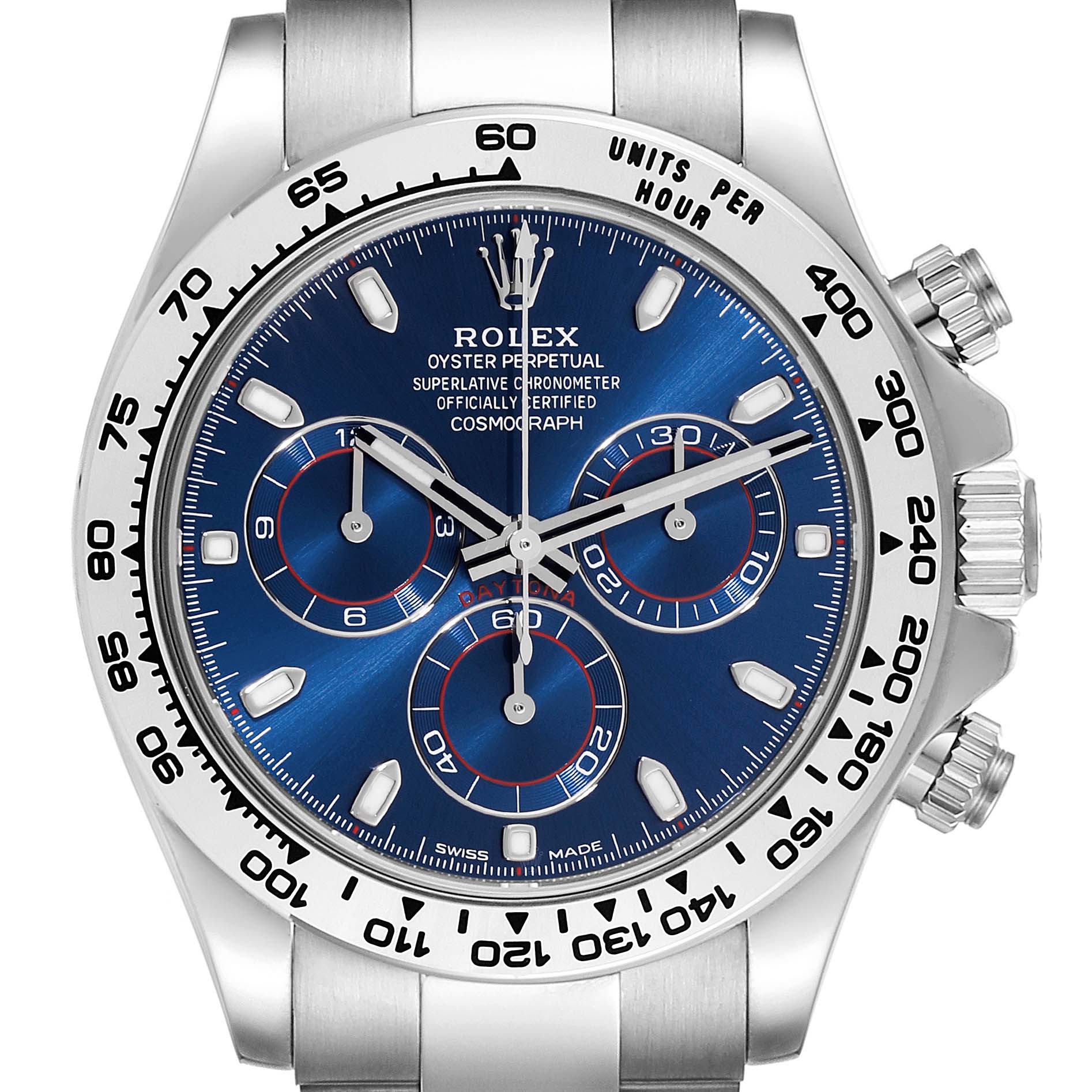 The image shows a frontal view of a Rolex Daytona 116509 Men's White Gold Blue Dial 116509 Men's White Gold Blue Dial watch, focusing on its dial, bezel, and part of its bracelet.