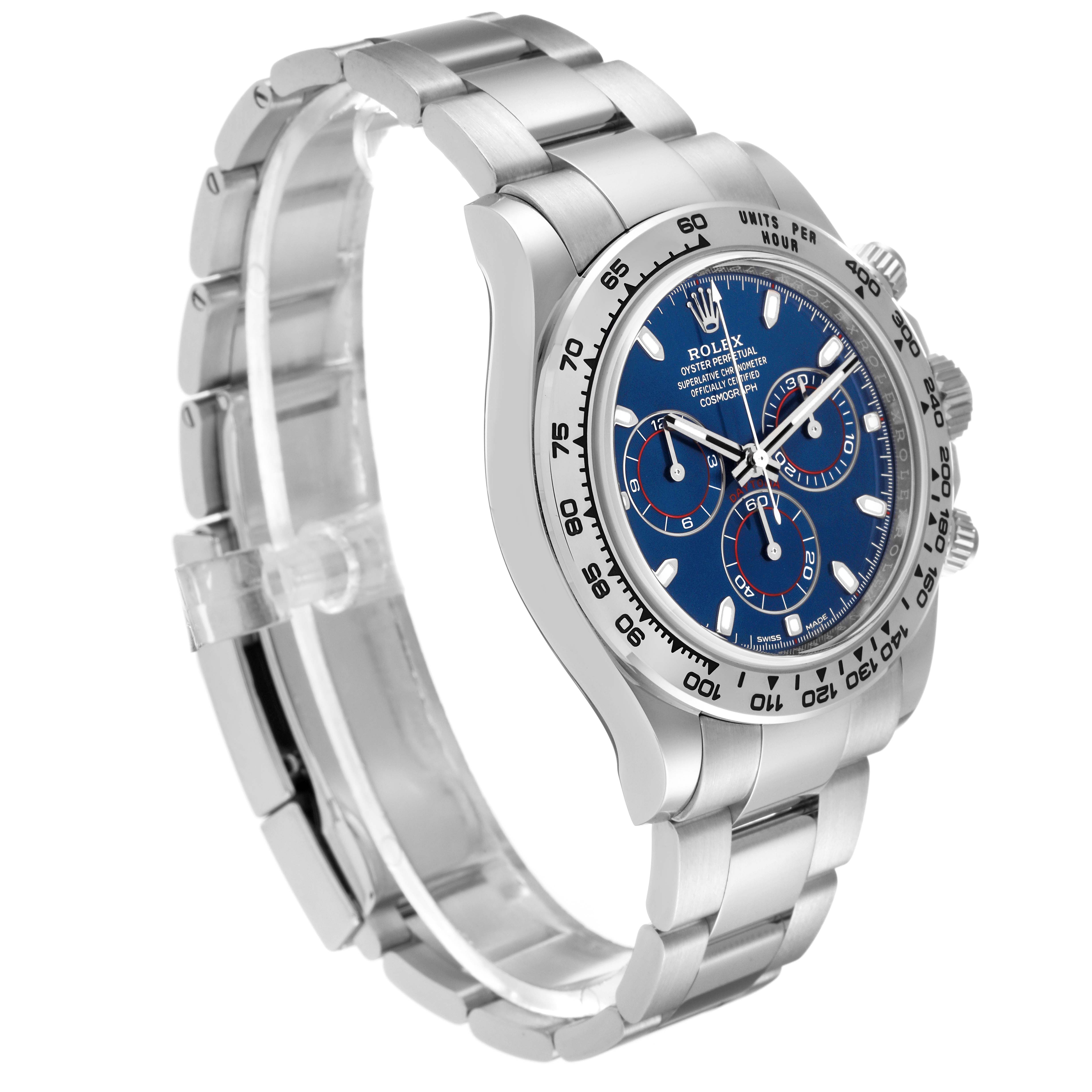 The Rolex Daytona 116509 Men's White Gold Blue Dial 116509 Men's White Gold Blue Dial watch is shown at a front-side angle, highlighting the stainless steel bracelet, bezel, and blue dial with subdials.
