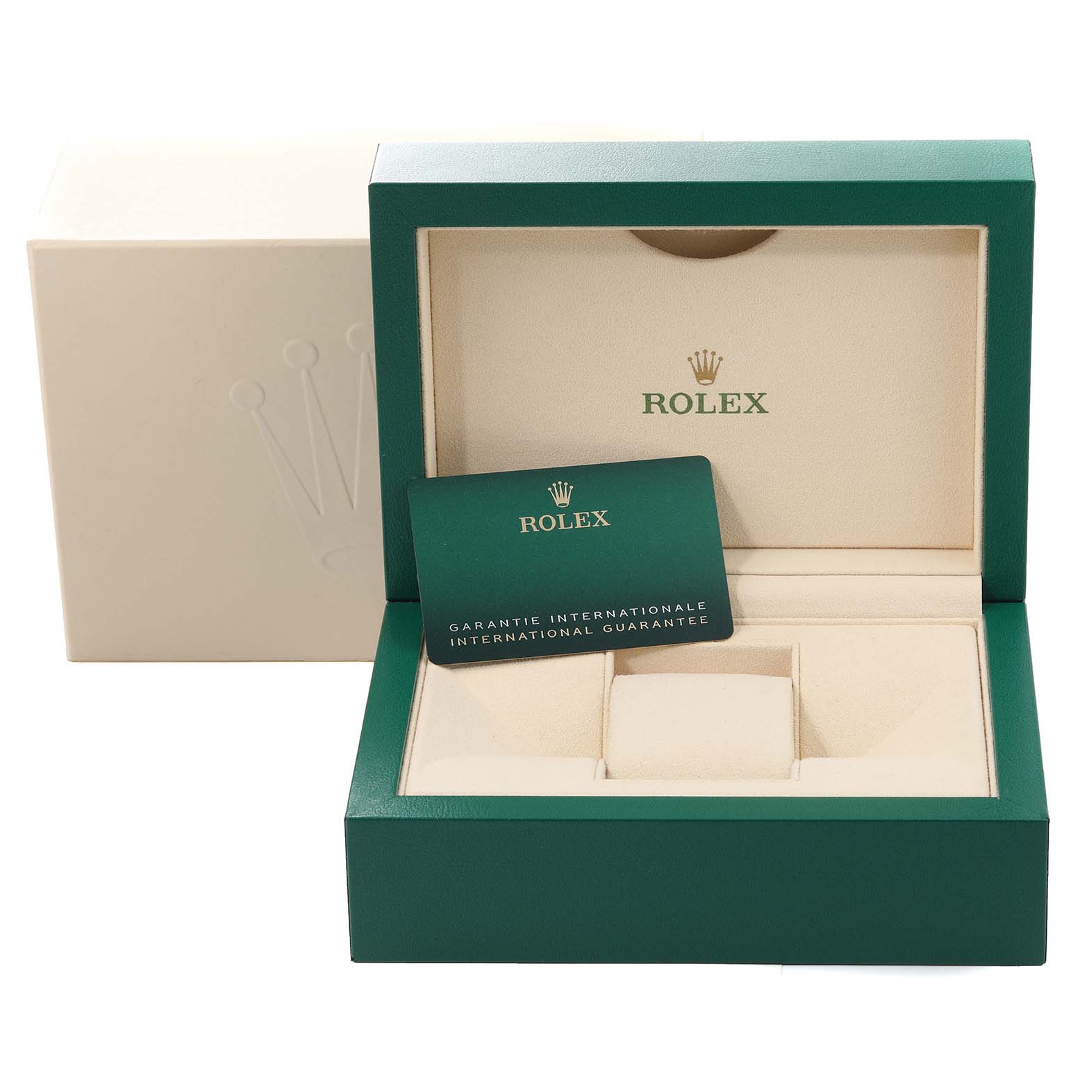 The image shows an open box for a Rolex Daytona 116509 Men's White Gold Blue Dial 116509 Men's White Gold Blue Dial watch, featuring a green Rolex guarantee card inside.