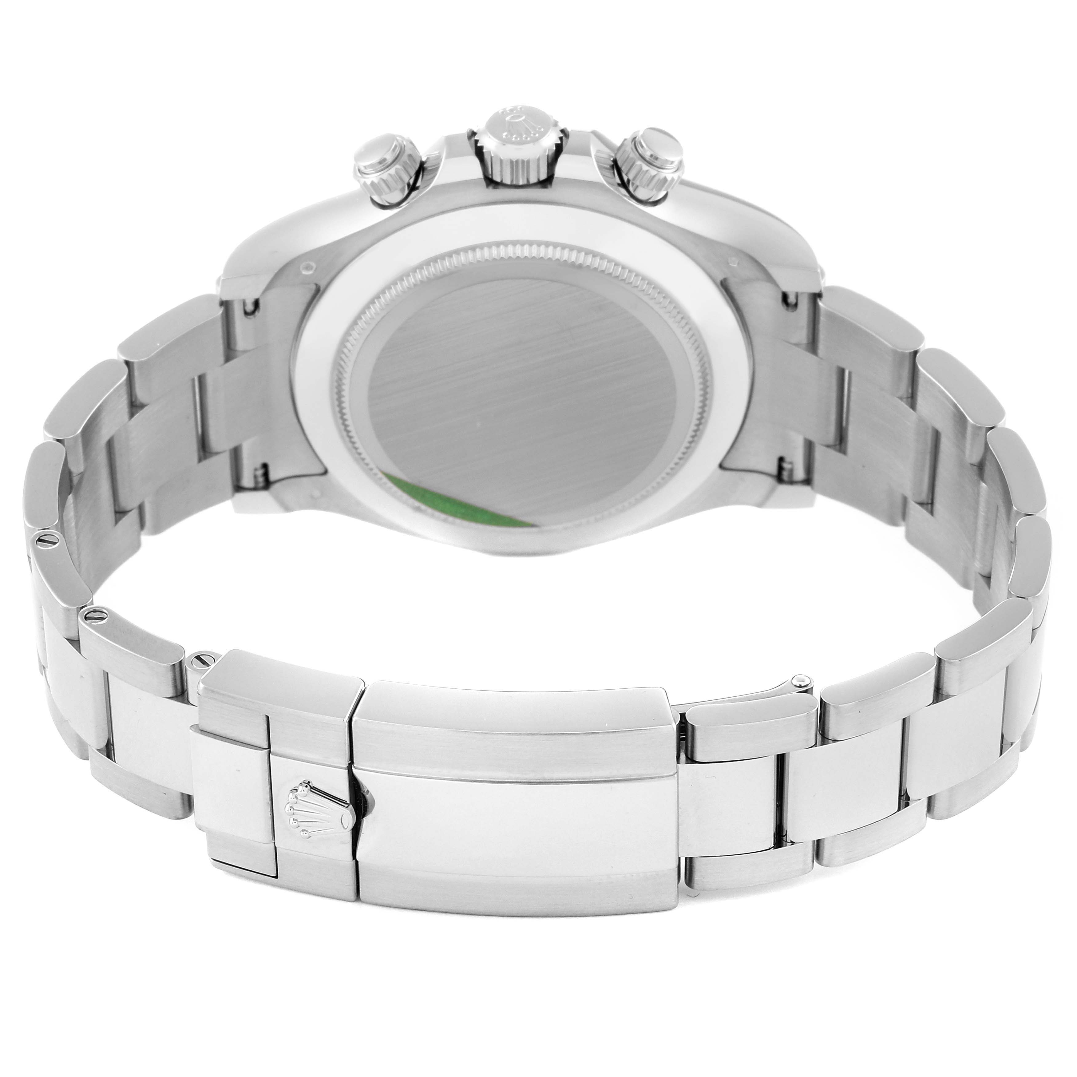 The image shows the back view of a Rolex Daytona 116509 Men's White Gold Blue Dial 116509 Men's White Gold Blue Dial watch, highlighting the clasp and underside.