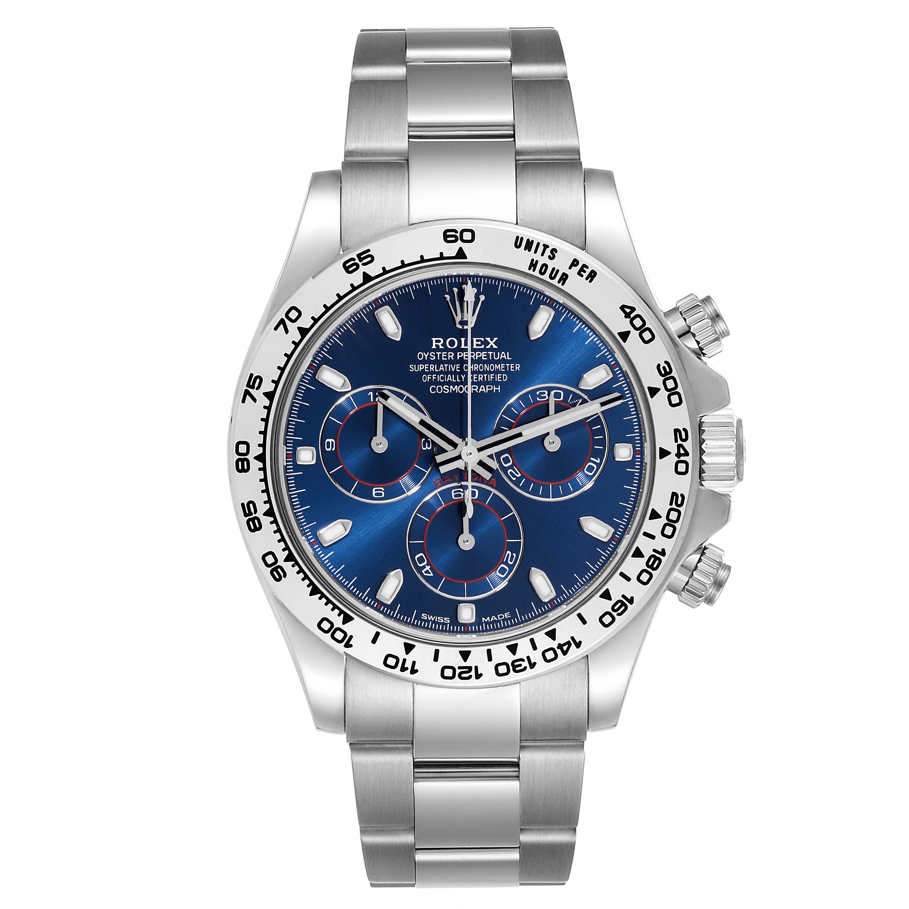 This image shows a front view of a Rolex Daytona 116509 Men's White Gold Blue Dial 116509 Men's White Gold Blue Dial watch, highlighting its blue dial, chronograph subdials, and stainless steel bracelet.