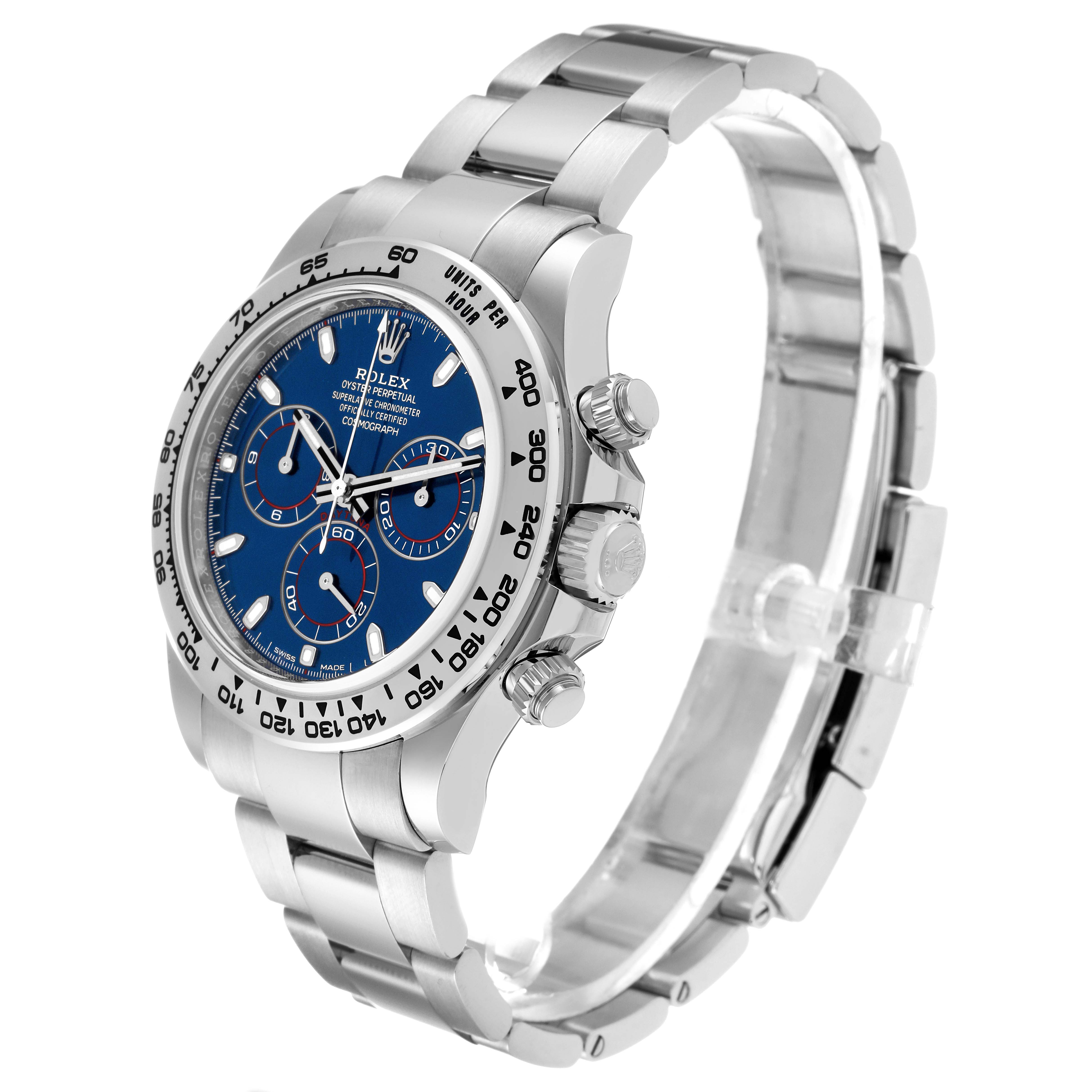 This image shows a Rolex Daytona 116509 Men's White Gold Blue Dial 116509 Men's White Gold Blue Dial watch at an angled side view, highlighting its strap, case, and blue dial with subdials.