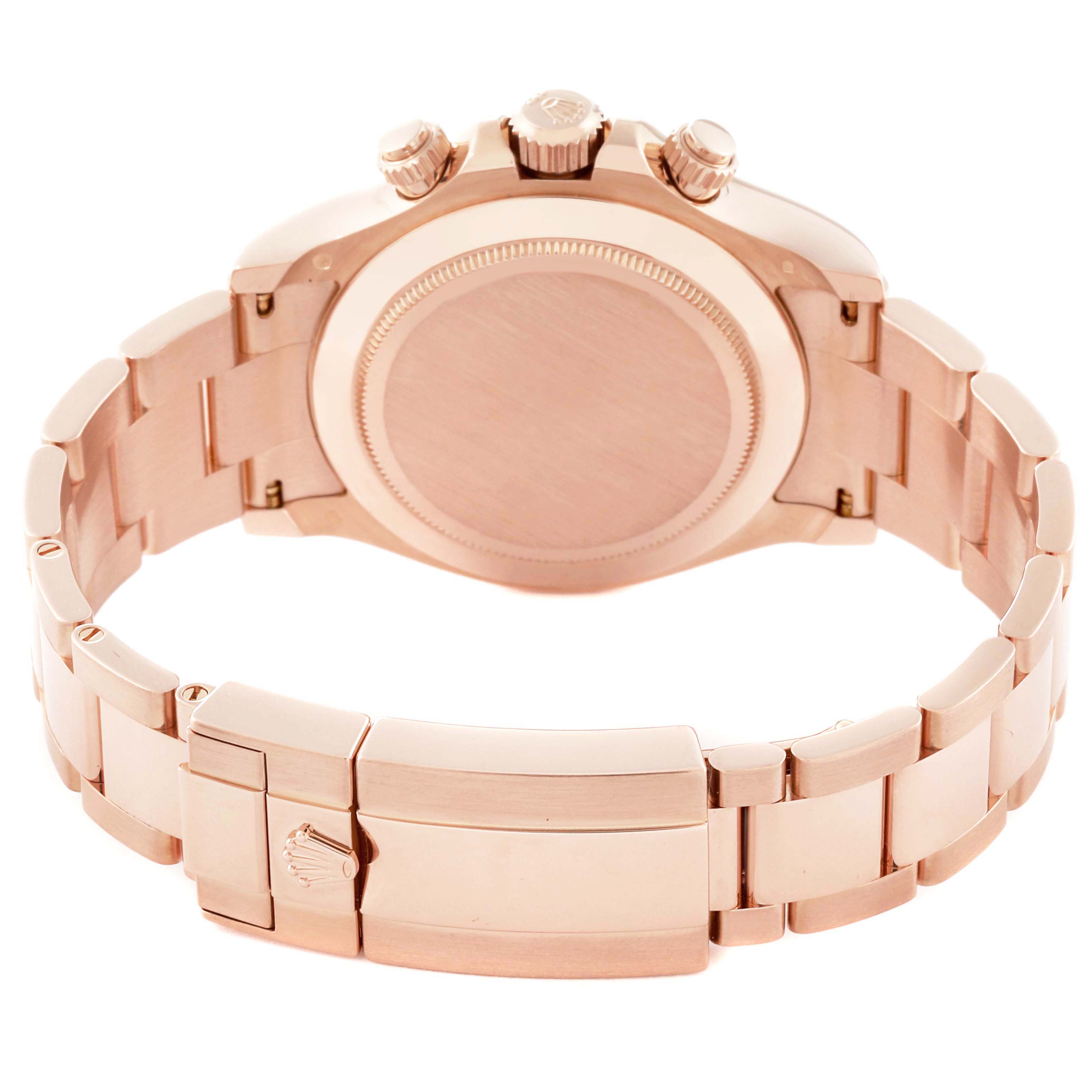 The image shows the back view of a Rolex Daytona 116505 Men's Rose Gold Black Dial 116505 Men's Rose Gold Black Dial watch, highlighting its case back, bracelet, clasp, and pushers.