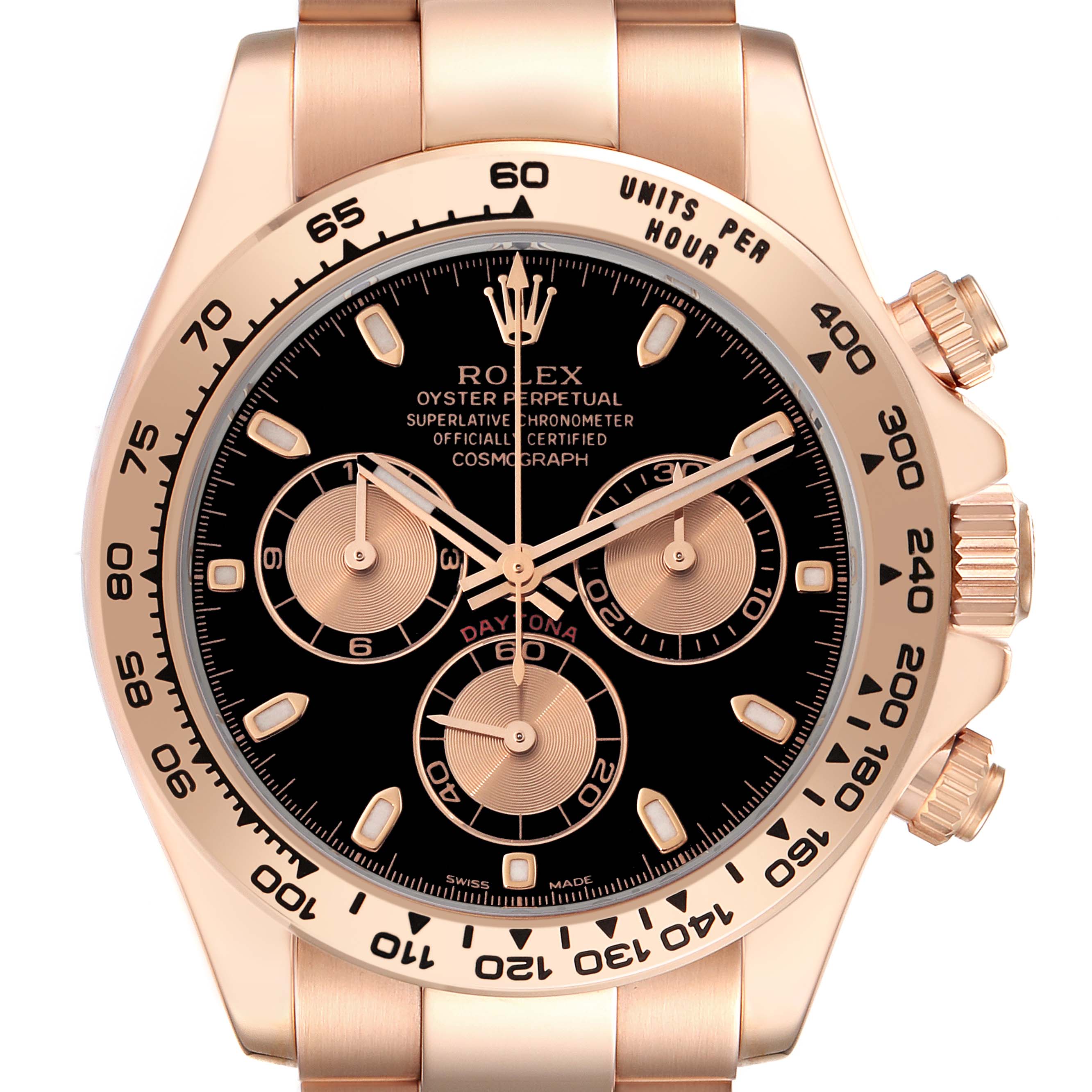 The image shows a front view of a Rolex Daytona 116505 Men's Rose Gold Black Dial 116505 Men's Rose Gold Black Dial watch, displaying its dial, bezel, and bracelet.