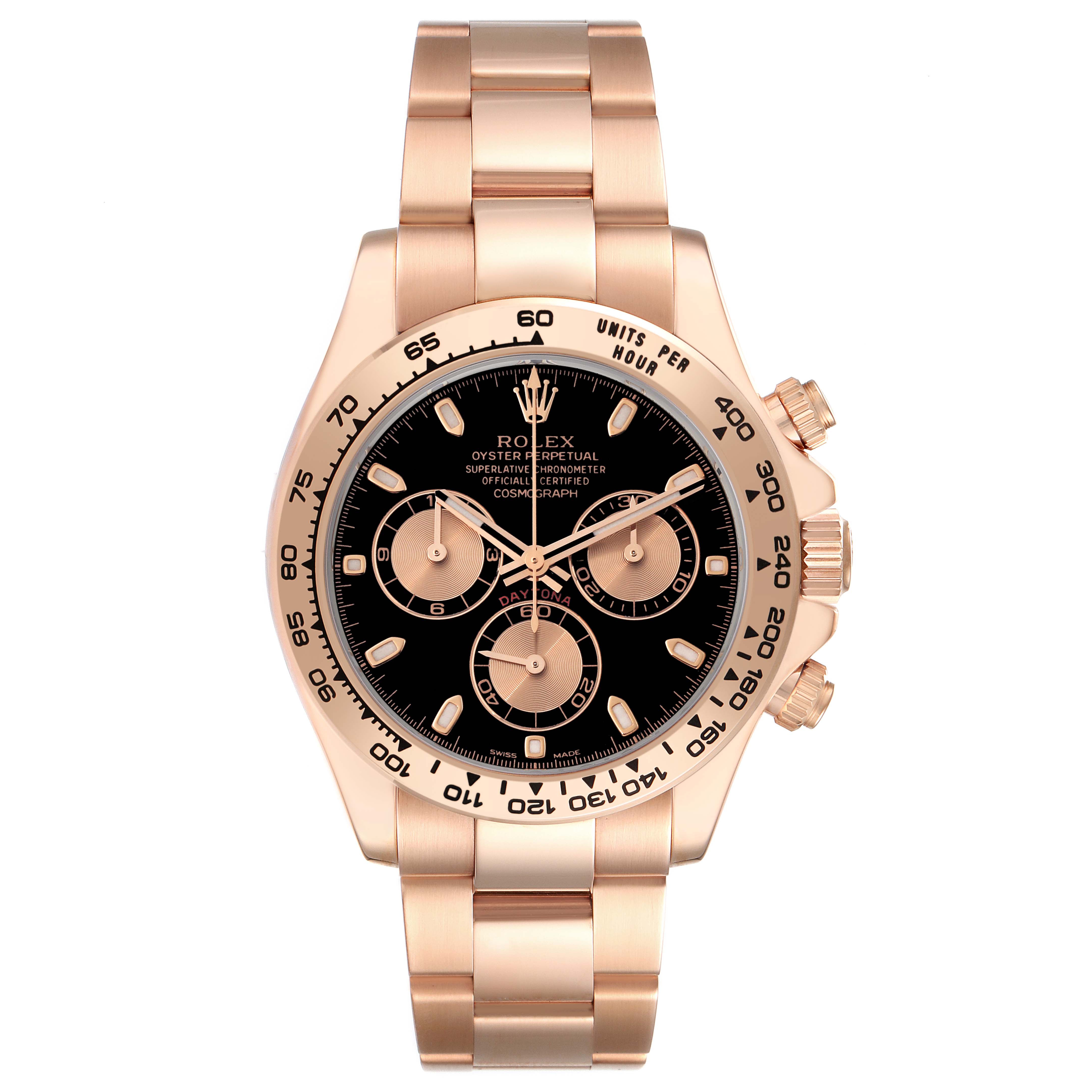 The image shows a front view of a Rolex Daytona 116505 Men's Rose Gold Black Dial 116505 Men's Rose Gold Black Dial watch, featuring its full bracelet, bezel, and dial.