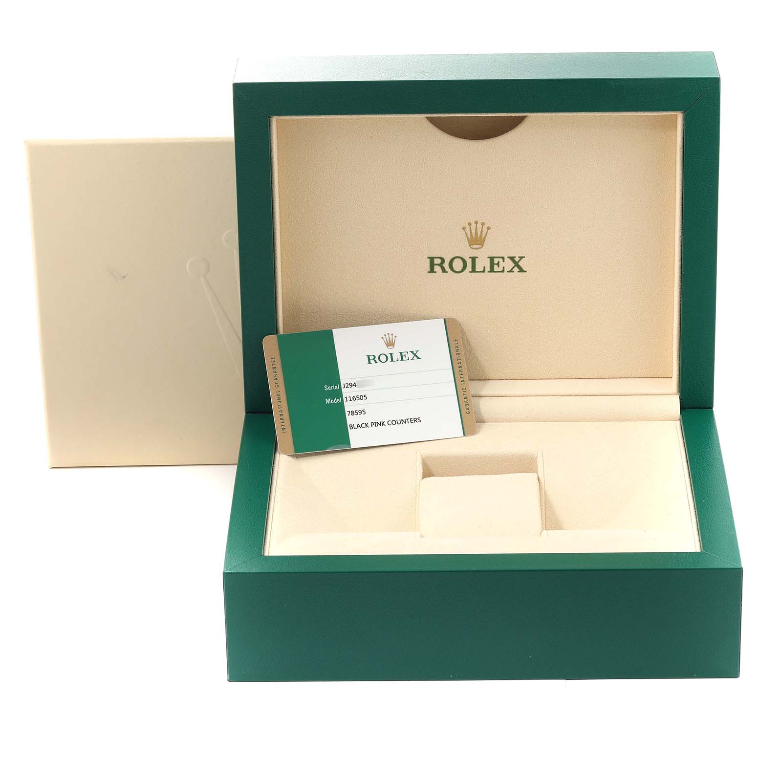The image shows an open Rolex Daytona 116505 Men's Rose Gold Black Dial 116505 Men's Rose Gold Black Dial watch box with the model’s warranty card inside.