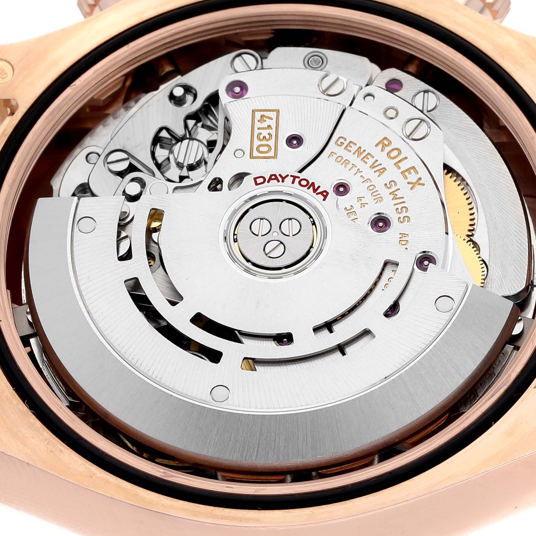 This image shows the movement and internal mechanism of a Rolex Daytona 116505 Men's Rose Gold Black Dial 116505 Men's Rose Gold Black Dial watch from a close-up angle.