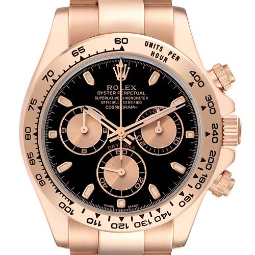 Photo of Rolex Daytona Cosmograph Black Dial Rose Gold Mens Watch 116505 Box Card