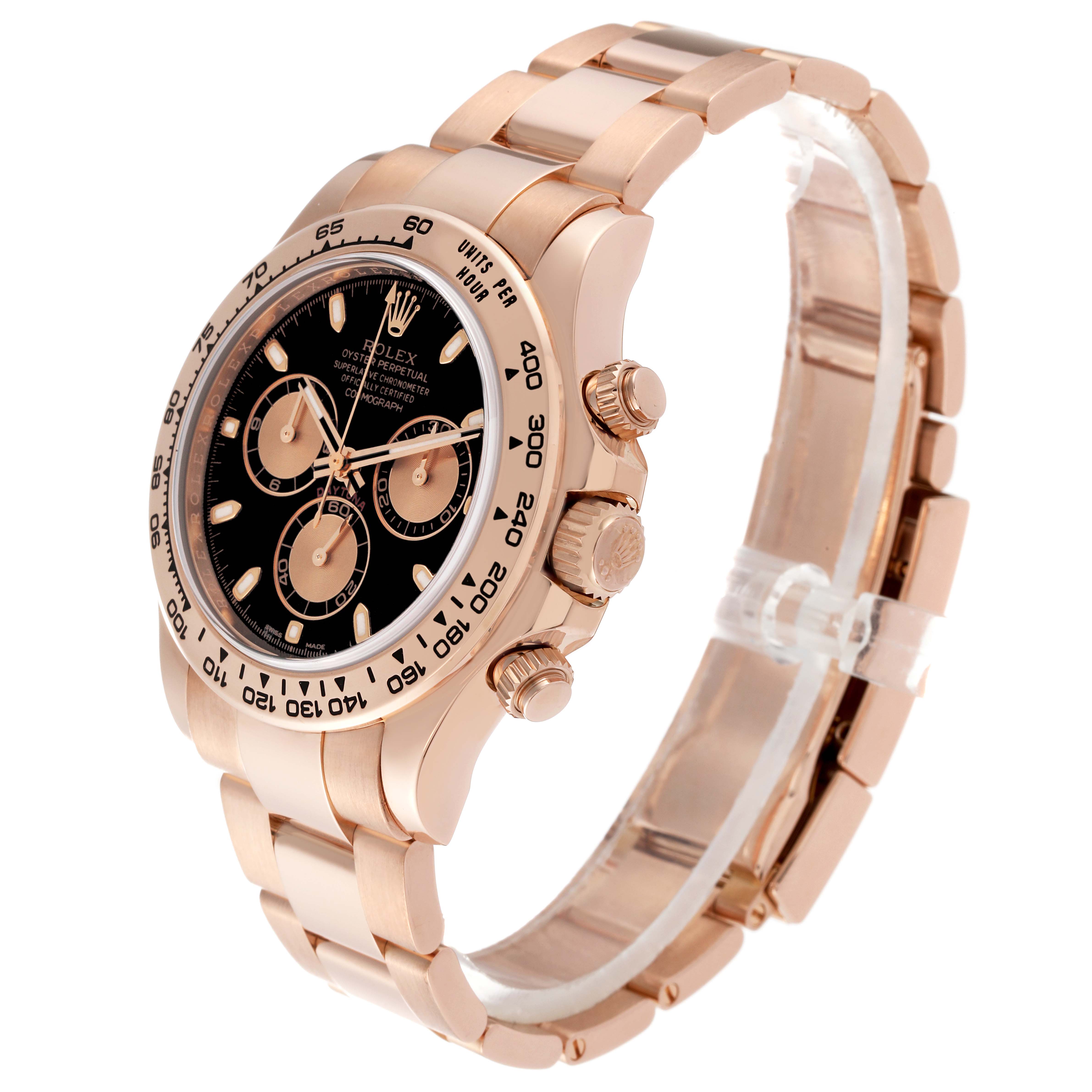 The Rolex Daytona 116505 Men's Rose Gold Black Dial 116505 Men's Rose Gold Black Dial watch is shown at an angle displaying the face, bezel, crown, and bracelet.