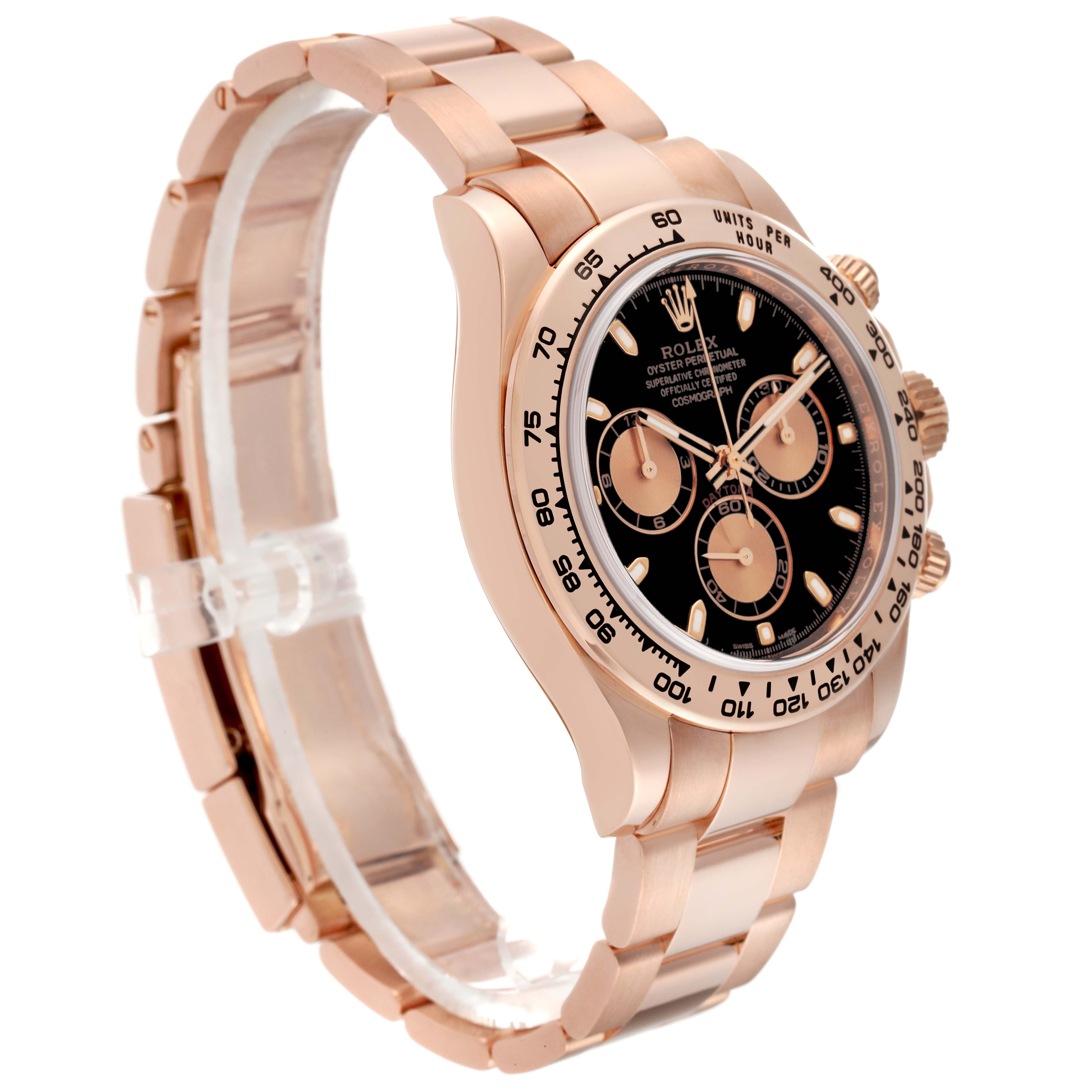 This image shows a side view of a Rolex Daytona 116505 Men's Rose Gold Black Dial 116505 Men's Rose Gold Black Dial watch in rose gold, displaying the face, bezel, case, and bracelet.