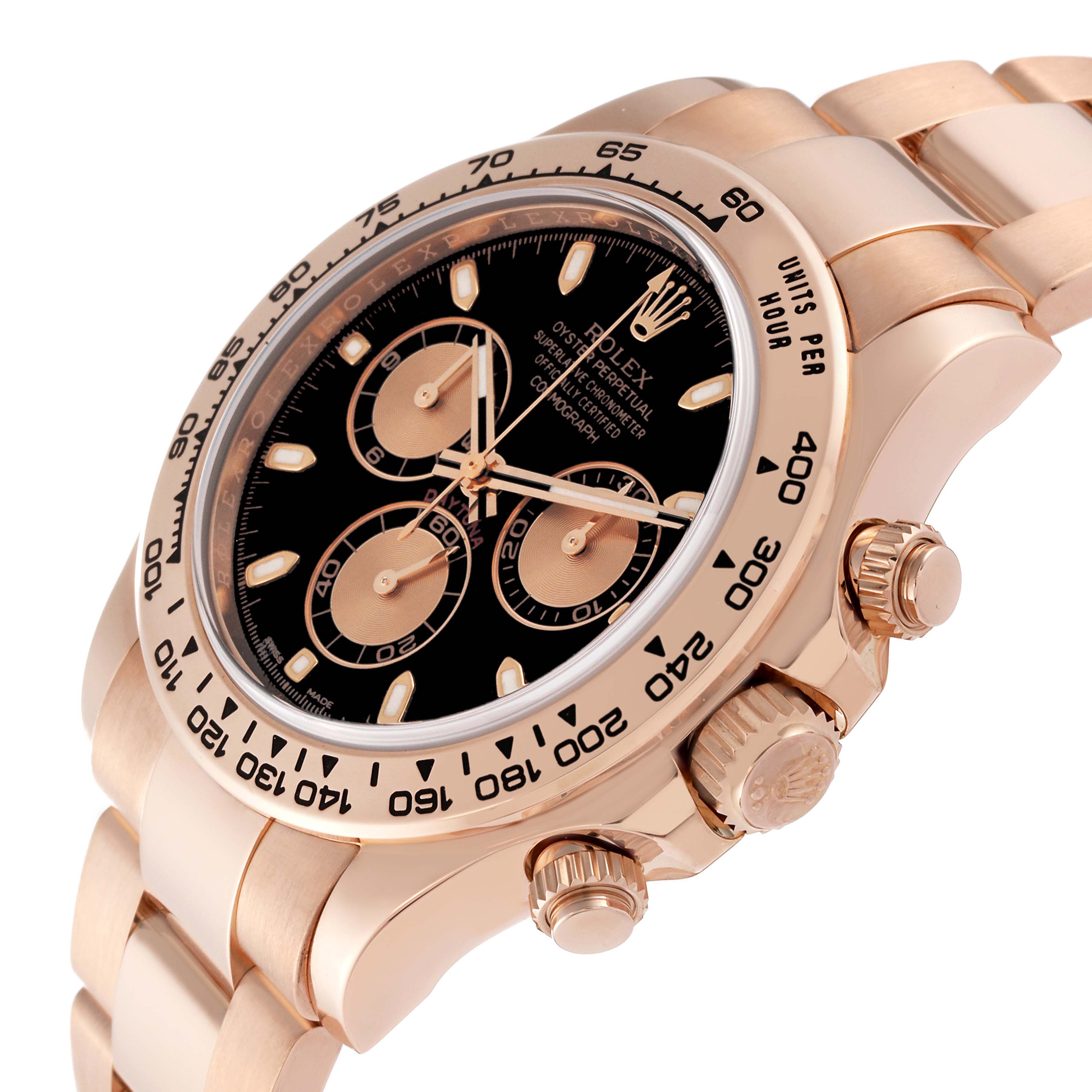 The Rolex Daytona 116505 Men's Rose Gold Black Dial 116505 Men's Rose Gold Black Dial watch is shown at an oblique angle, highlighting its black dial, gold subdials, bezel, and bracelet.