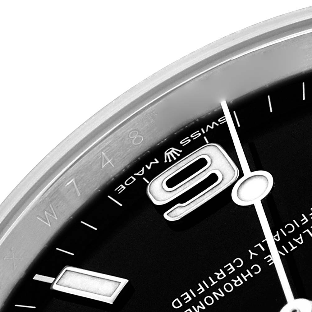 The image shows a close-up angle of the Rolex Explorer model 224270, focusing on the dial edge, partial "9" numeral, and "Swiss Made" text.