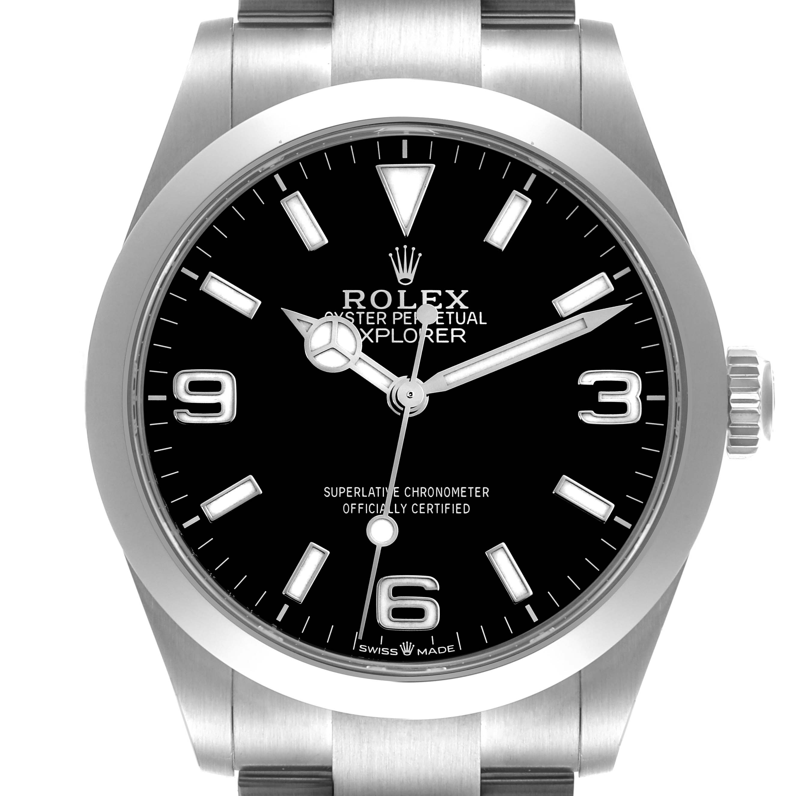 The image shows a front view of a Rolex Explorer Model 224270 men
s watch, highlighting the black dial, hour markers, hands, bezel, and crown.
