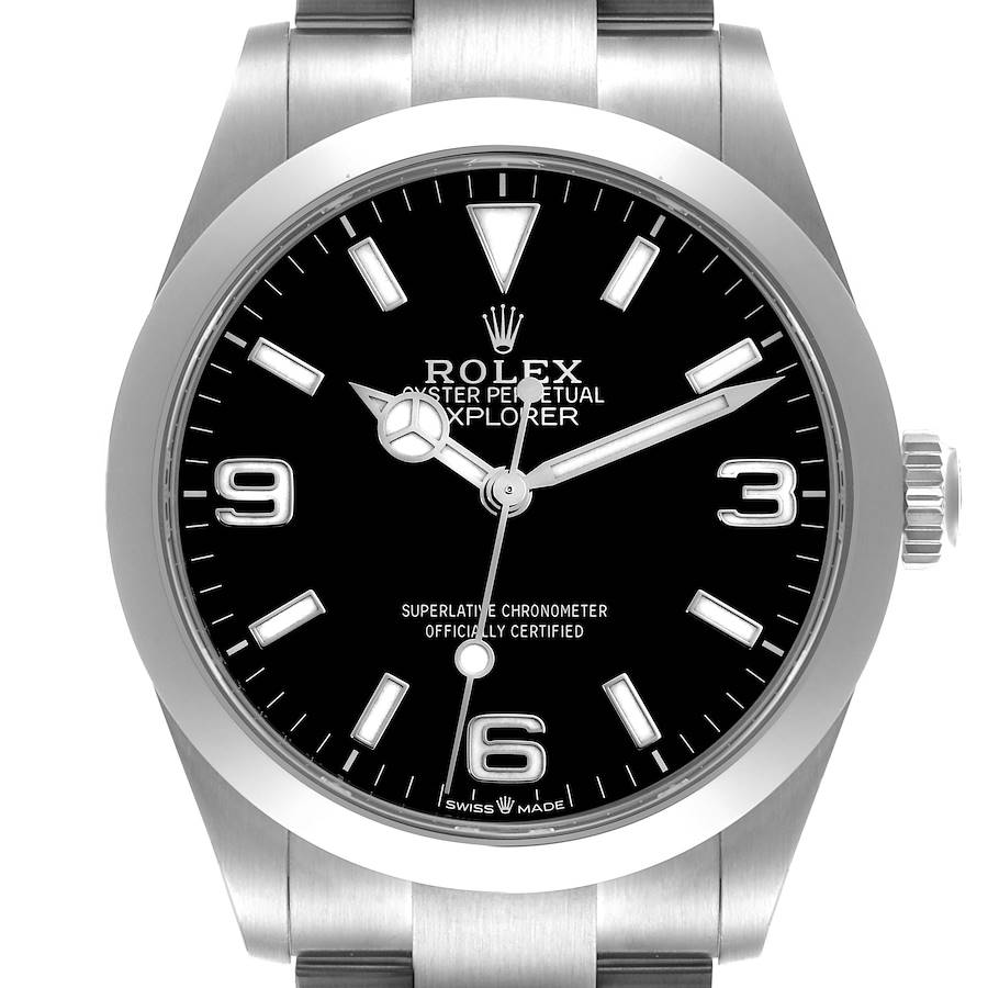 The image shows a front view of a Rolex Explorer Model 224270 men's watch, highlighting the black dial, hour markers, hands, bezel, and crown.