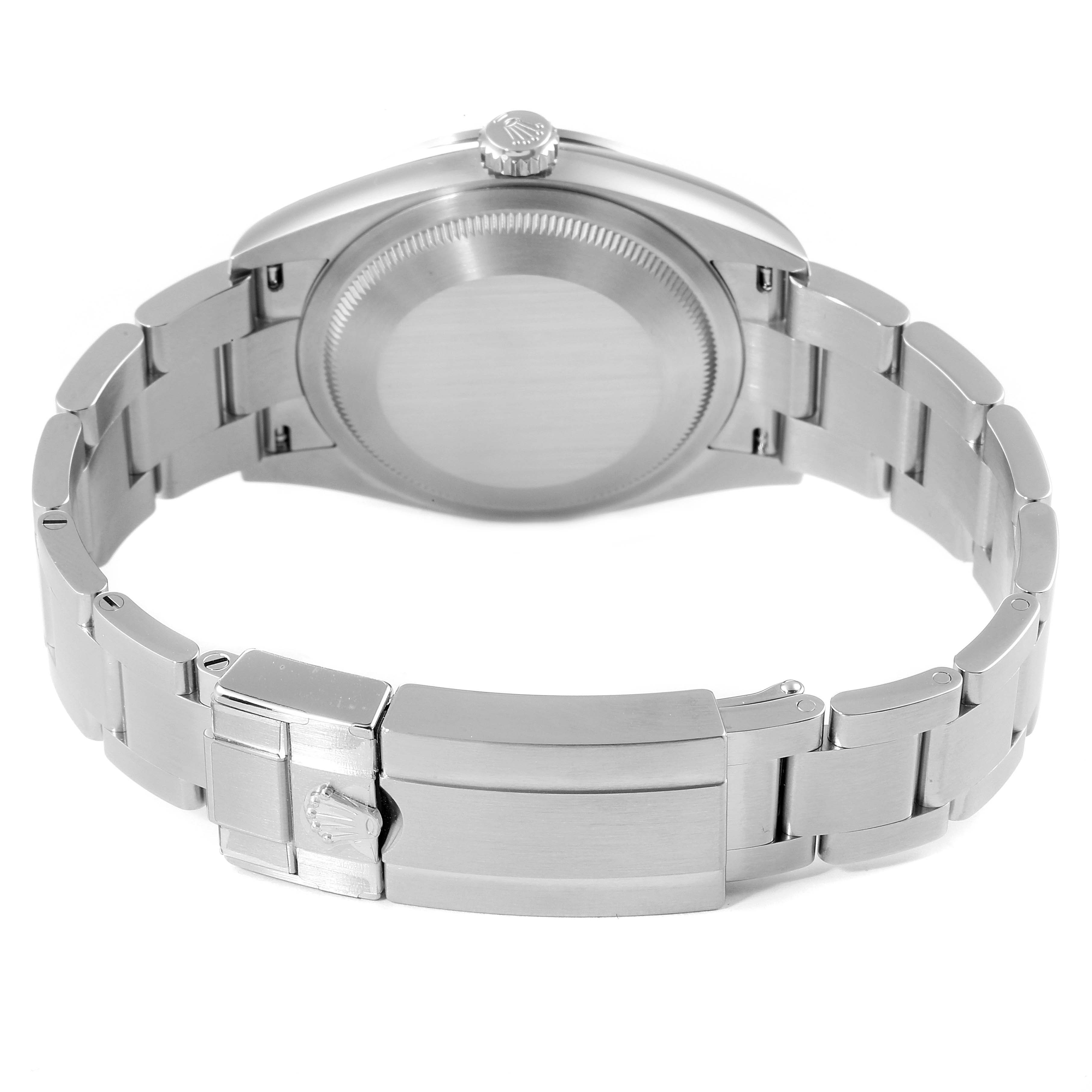 The image shows the back view of a Rolex Explorer 124270 Men
s Stainless Steel Black Dial 124270 Men
s Stainless Steel Black Dial watch, displaying its bracelet and closed clasp.