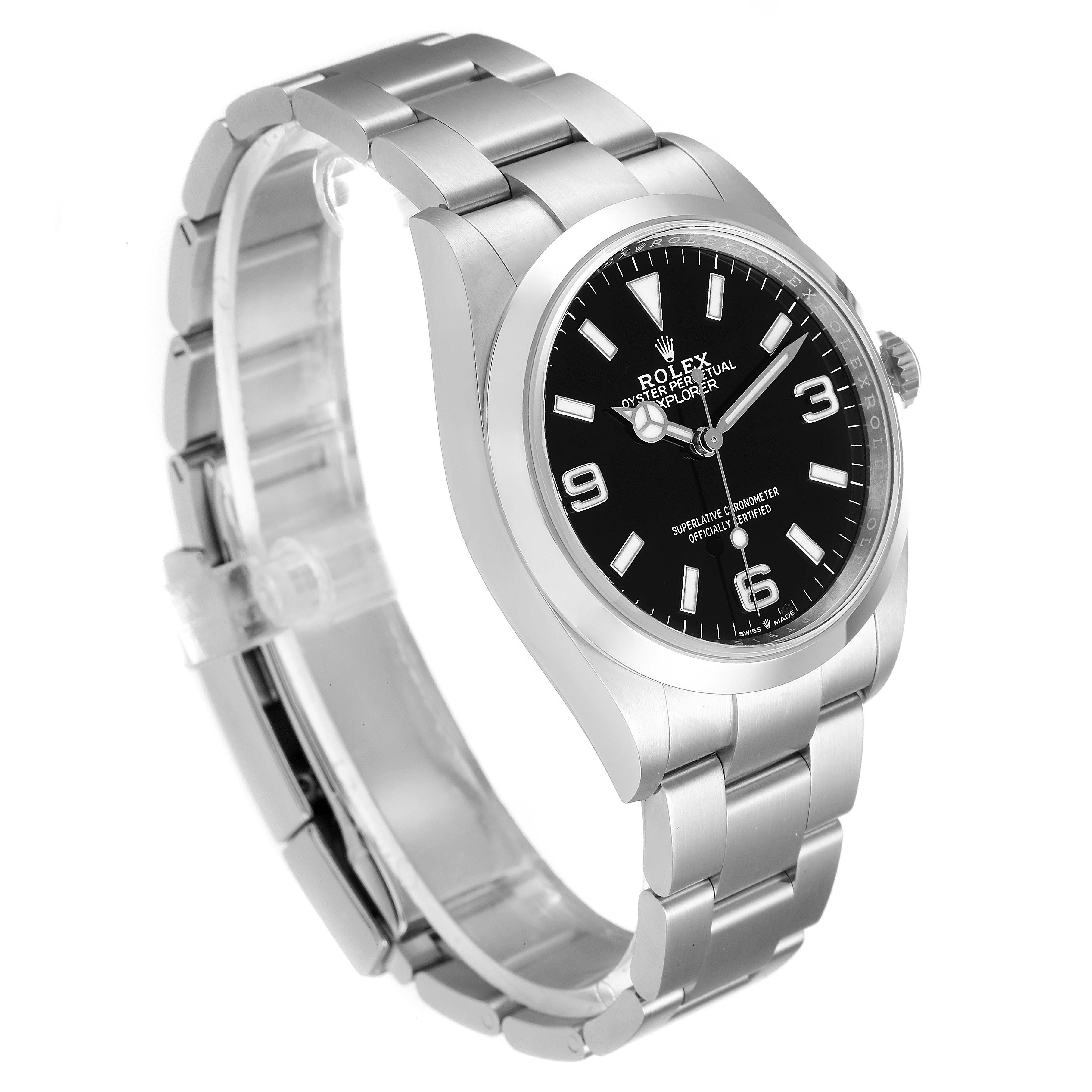 This image shows a Rolex Explorer 124270 Men
s Stainless Steel Black Dial 124270 Men
s Stainless Steel Black Dial watch at a slight angle, displaying the face, bezel, and part of the bracelet.