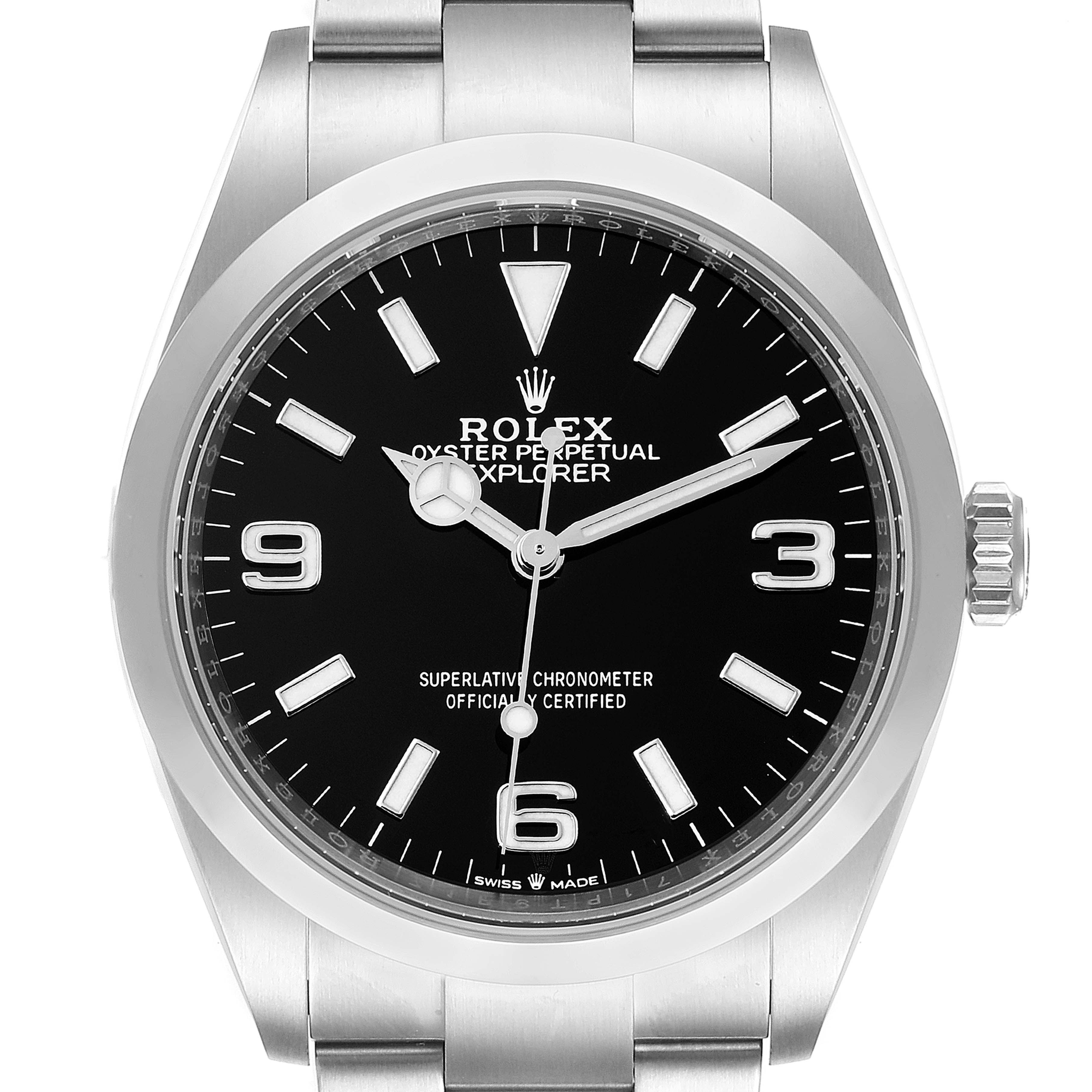 This image shows a front view of a Rolex Explorer 124270 Men
s Stainless Steel Black Dial 124270 Men
s Stainless Steel Black Dial watch, highlighting the dial, hands, numerals, and part of the bracelet.