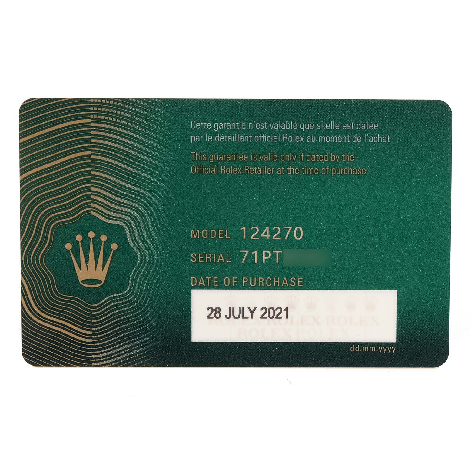 This is a Rolex warranty card showing the model number (124270) and the purchase date for the Rolex Explorer 124270 Men
s Stainless Steel Black Dial 124270 Men
s Stainless Steel Black Dial watch.