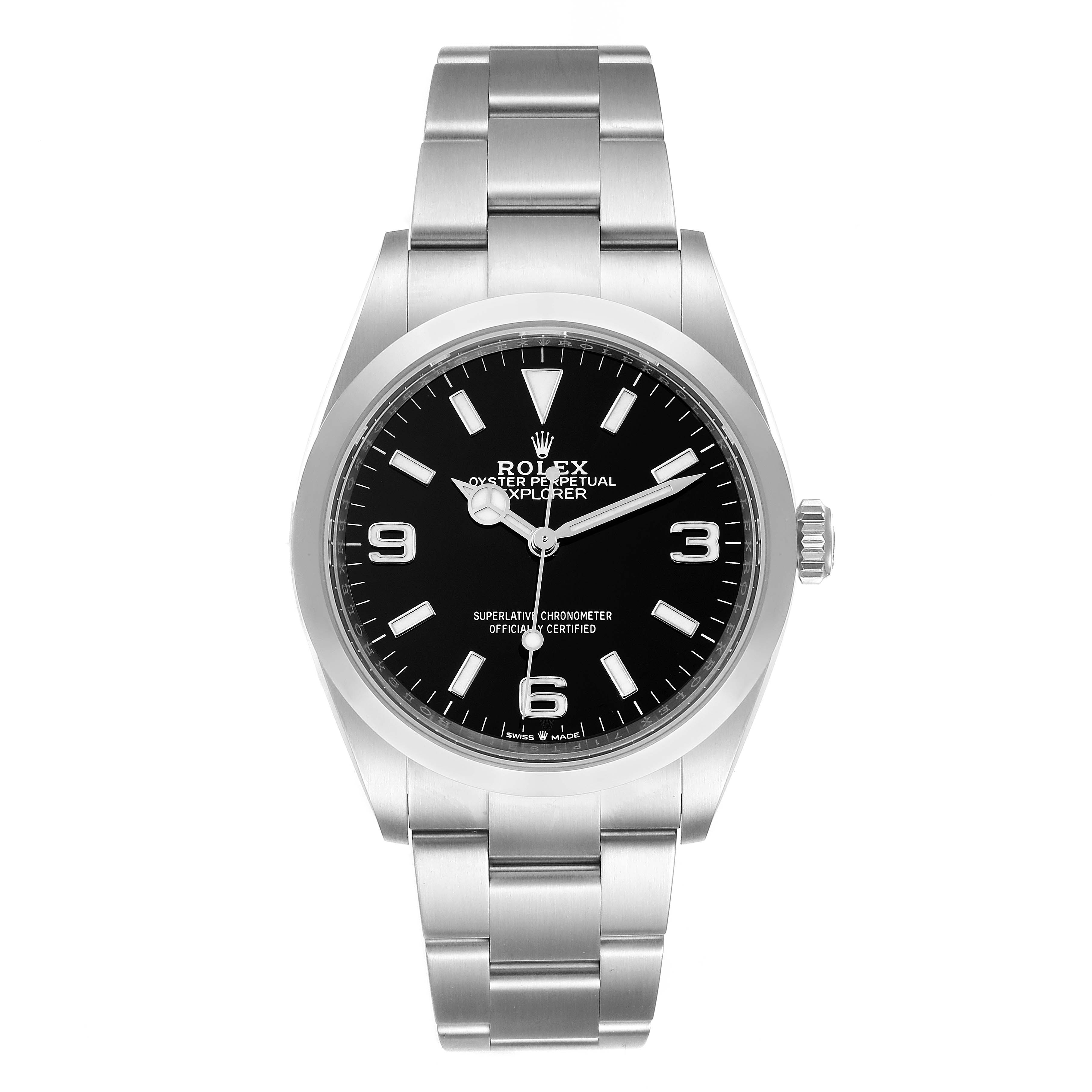 This image shows a front view of the Rolex Explorer 124270 Men
s Stainless Steel Black Dial 124270 Men
s Stainless Steel Black Dial watch, displaying its dial, bezel, and bracelet.