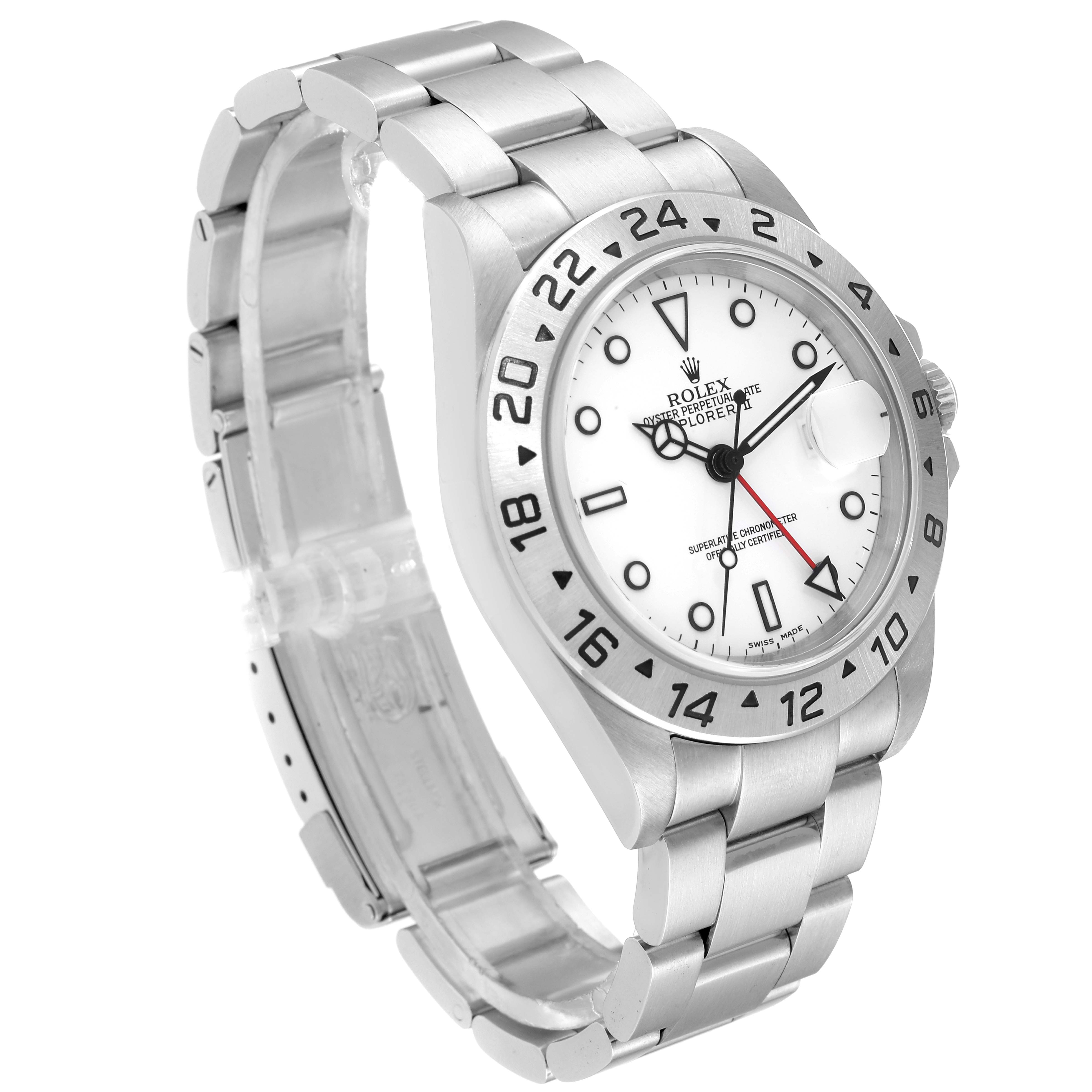 The Rolex Explorer 16570 Men's Stainless Steel White Dial 16570 Men's Stainless Steel White Dial watch model is shown at a slight angle, displaying the face, bezel, and part of the bracelet.
