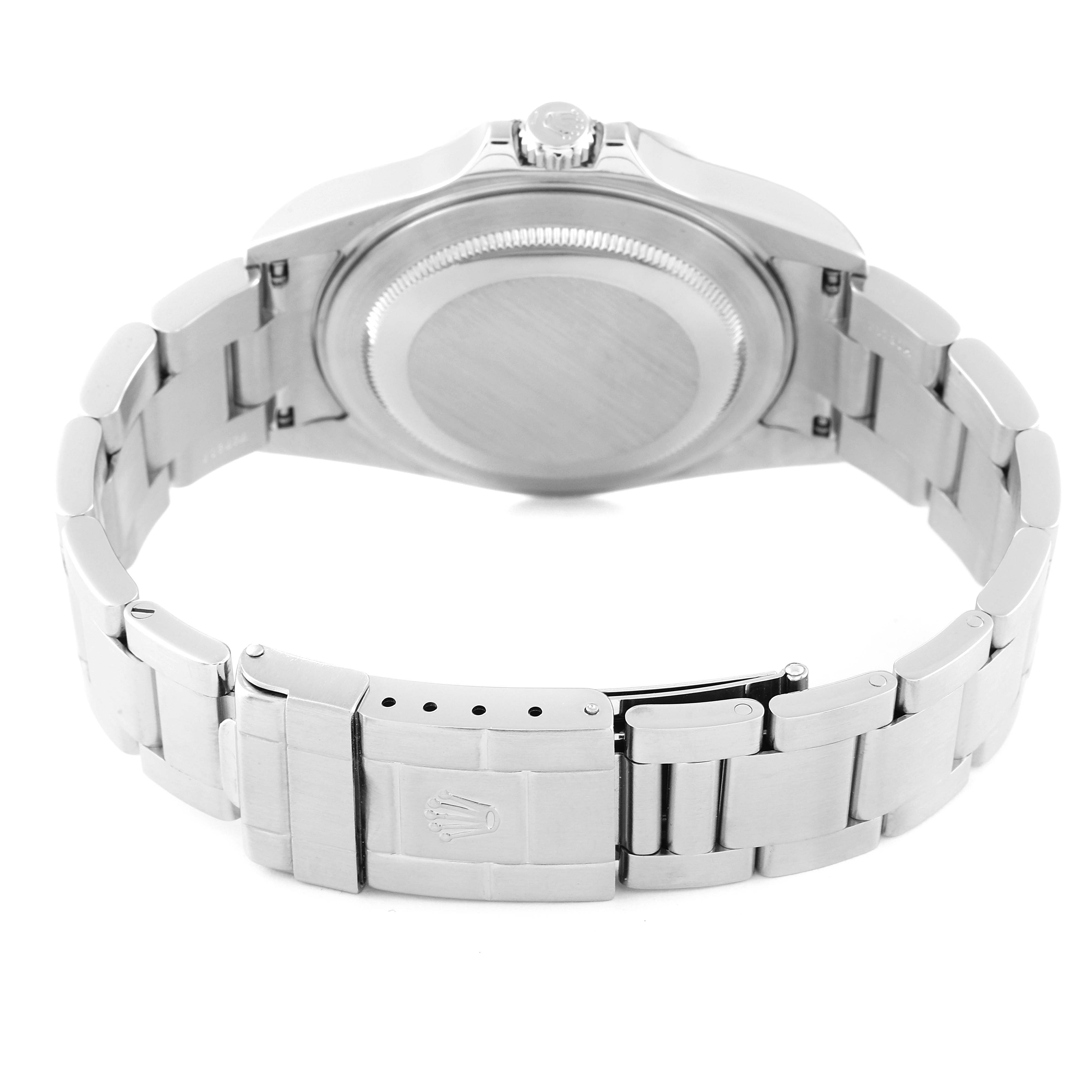 The image shows the back case and bracelet clasp of a Rolex Explorer 16570 Men's Stainless Steel White Dial 16570 Men's Stainless Steel White Dial watch.