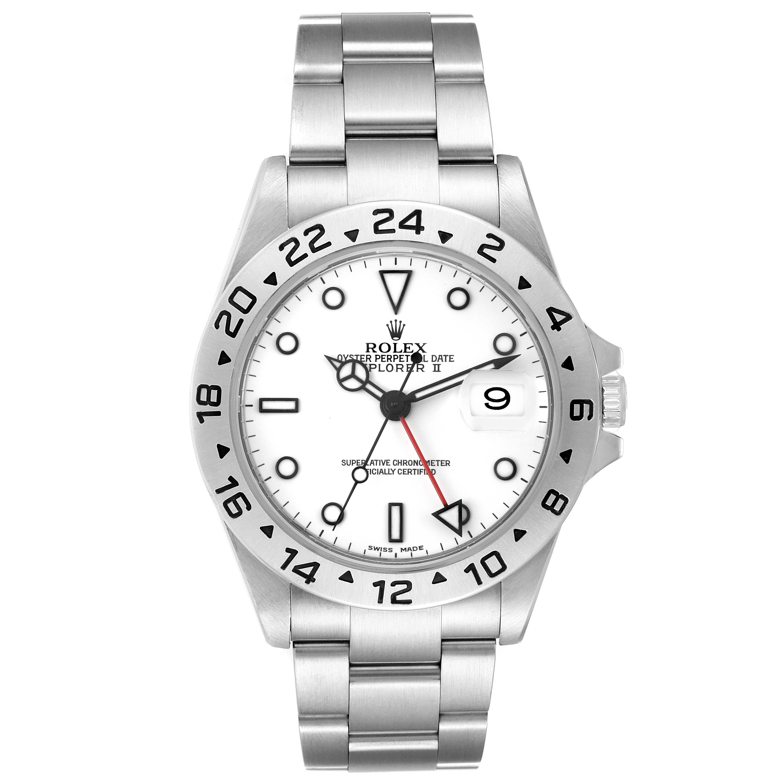 The Rolex Explorer 16570 Men's Stainless Steel White Dial 16570 Men's Stainless Steel White Dial watch is shown from the front, displaying its white dial, numerals, date window, and stainless steel bracelet.