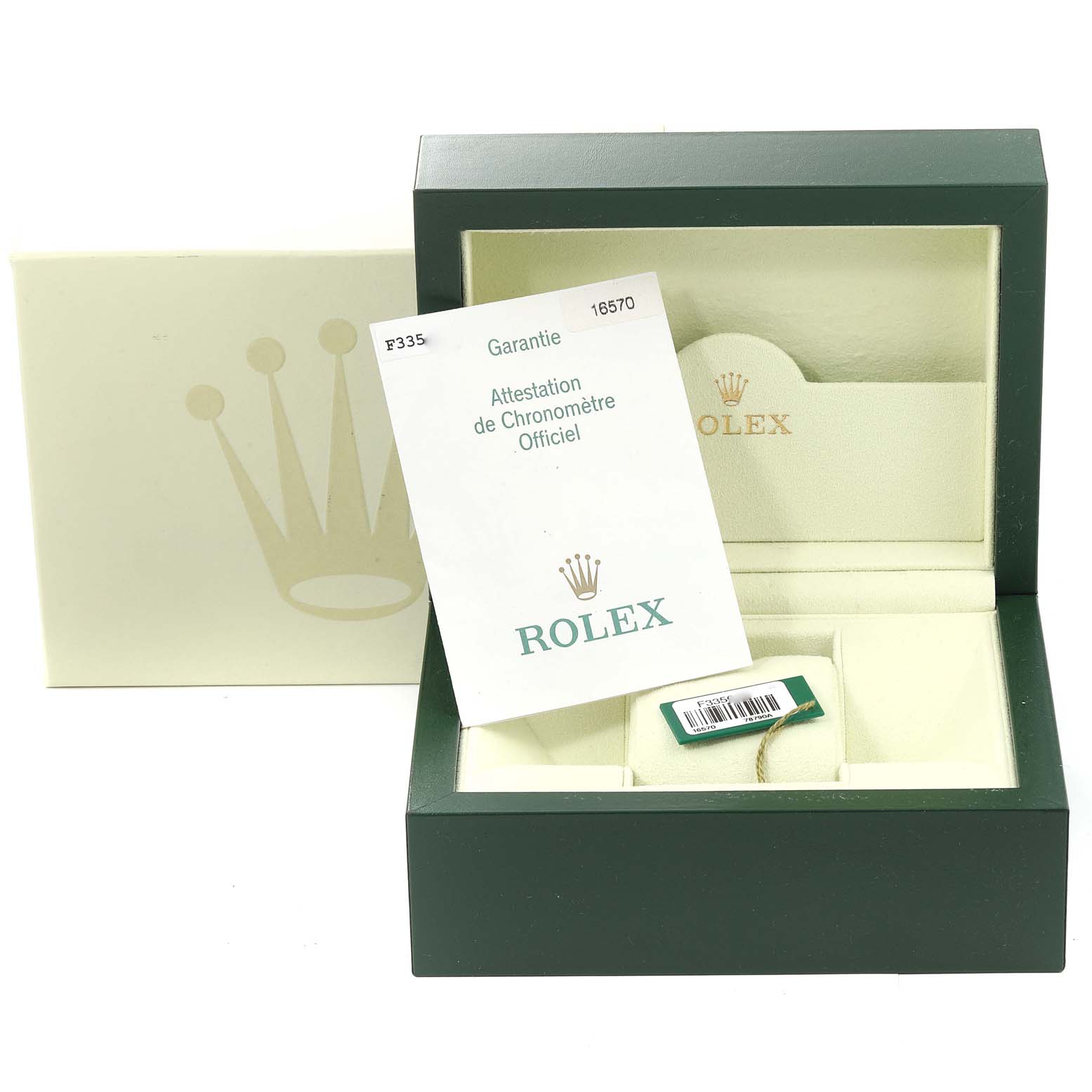 The image shows an open Rolex Explorer 16570 Men's Stainless Steel White Dial 16570 Men's Stainless Steel White Dial watch box with a warranty card and tag, viewed from the front.