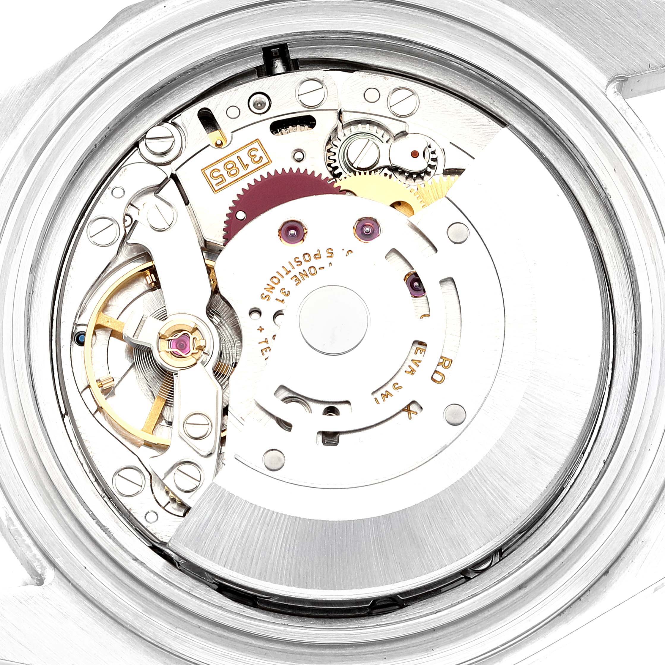 The image shows the movement mechanism of a Rolex Explorer 16570 Men's Stainless Steel White Dial 16570 Men's Stainless Steel White Dial watch from a close-up and back angle.