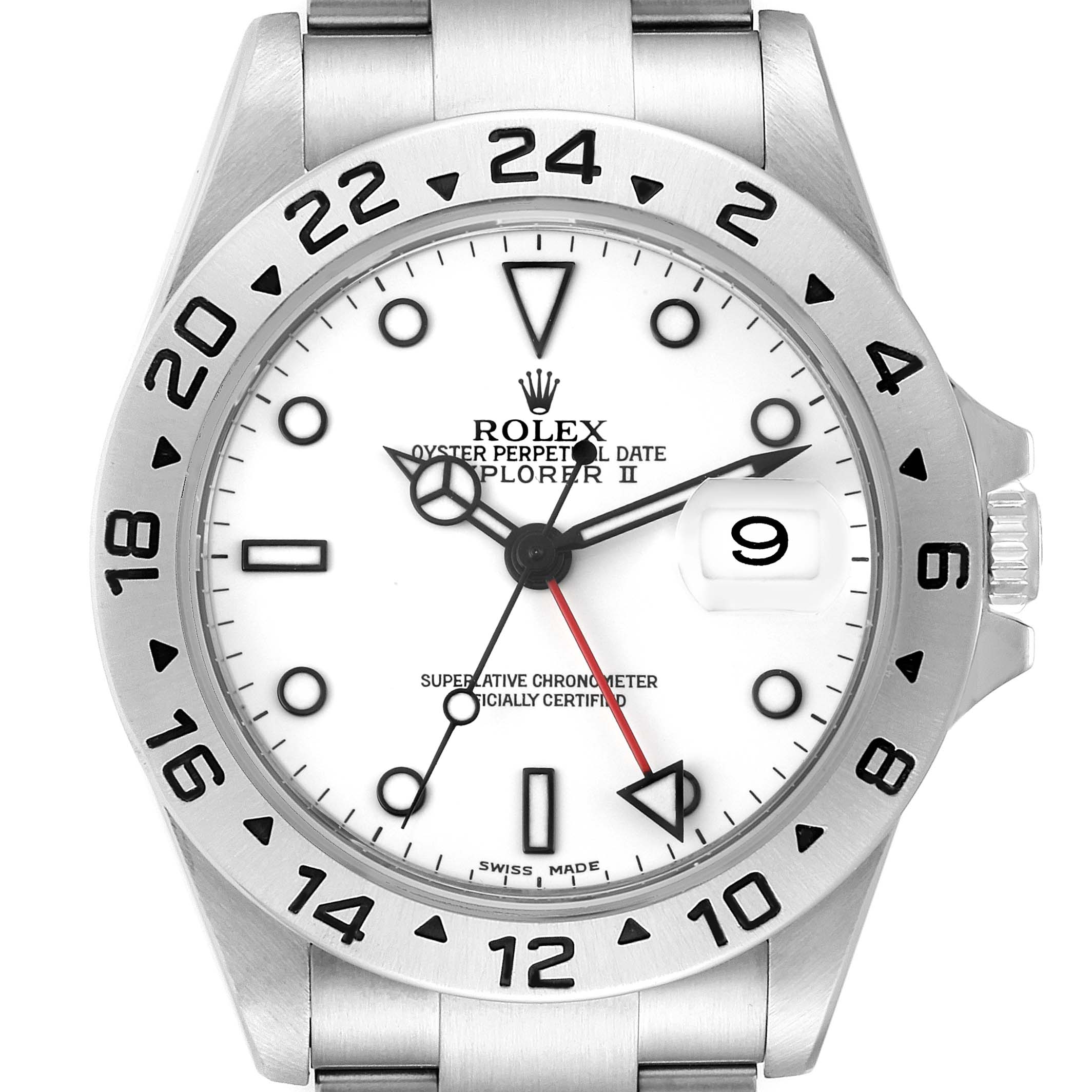 The image shows the front view of the Rolex Explorer 16570 Men's Stainless Steel White Dial 16570 Men's Stainless Steel White Dial watch, featuring the dial, bezel, and bracelet.