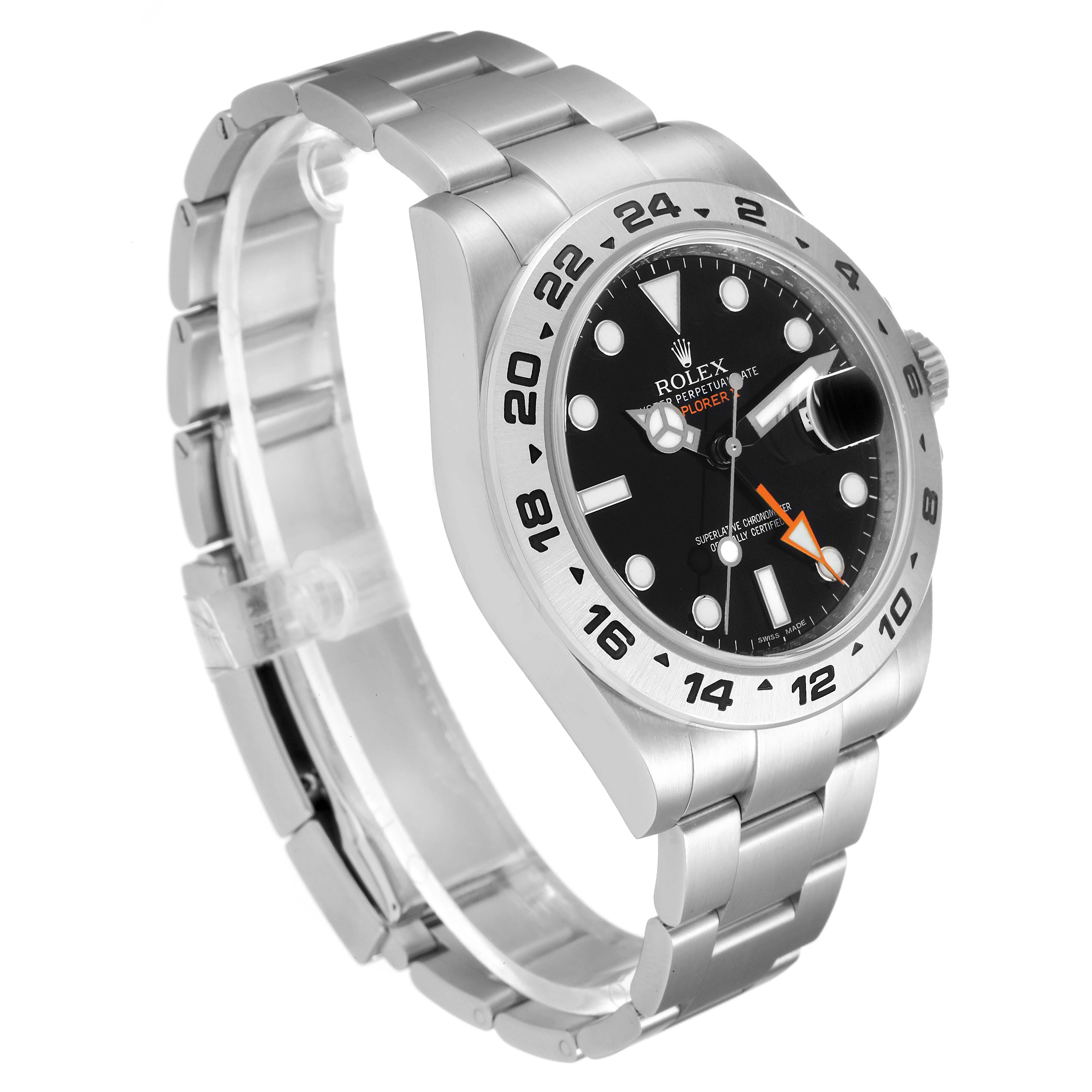 The Rolex Explorer 216570 Men's Stainless Steel Black Dial 216570 Men's Stainless Steel Black Dial watch is shown at a slight angle displaying the dial, bezel, and bracelet.
