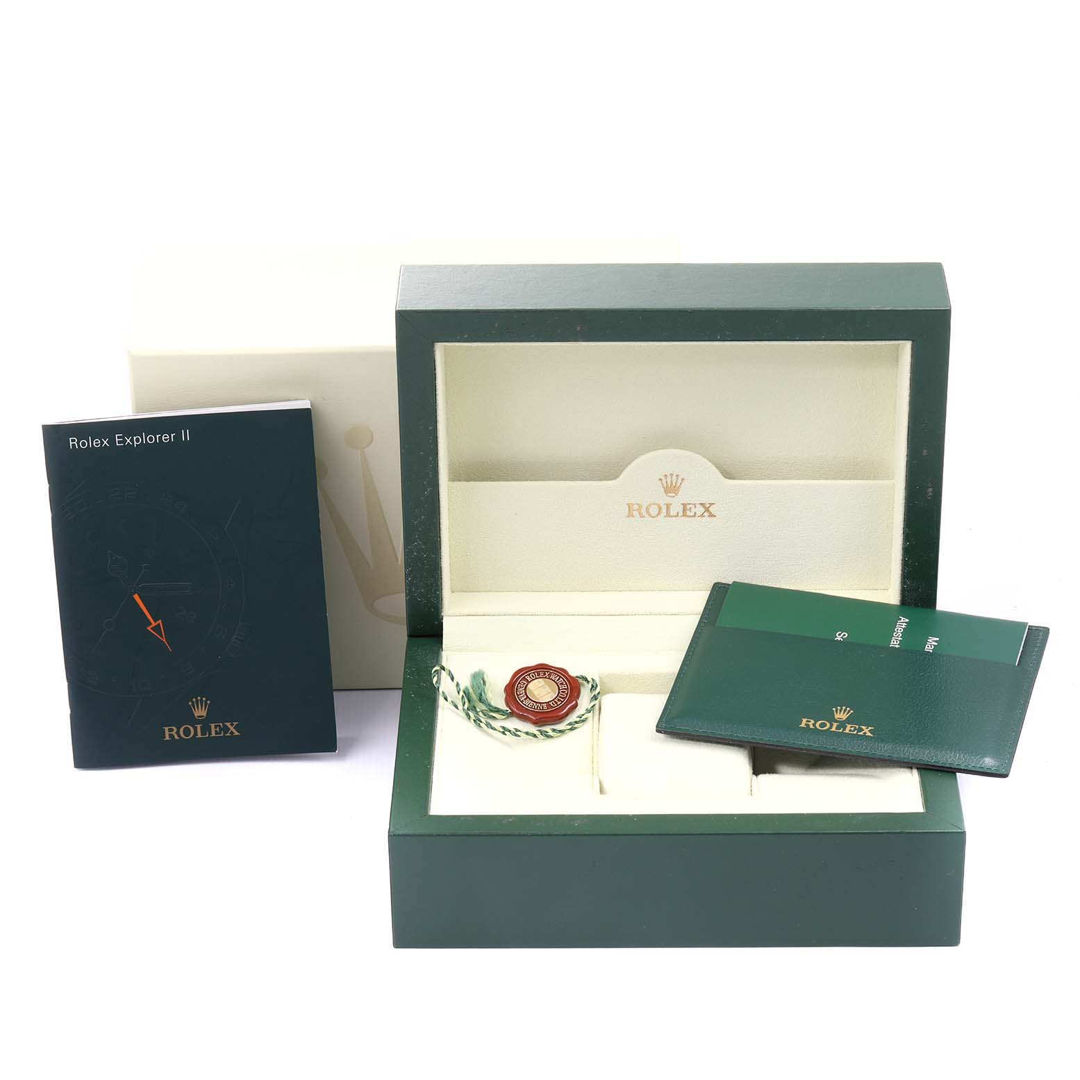 The image shows the packaging, booklet, and accessories of a Rolex Explorer 216570 Men's Stainless Steel Black Dial 216570 Men's Stainless Steel Black Dial model watch.