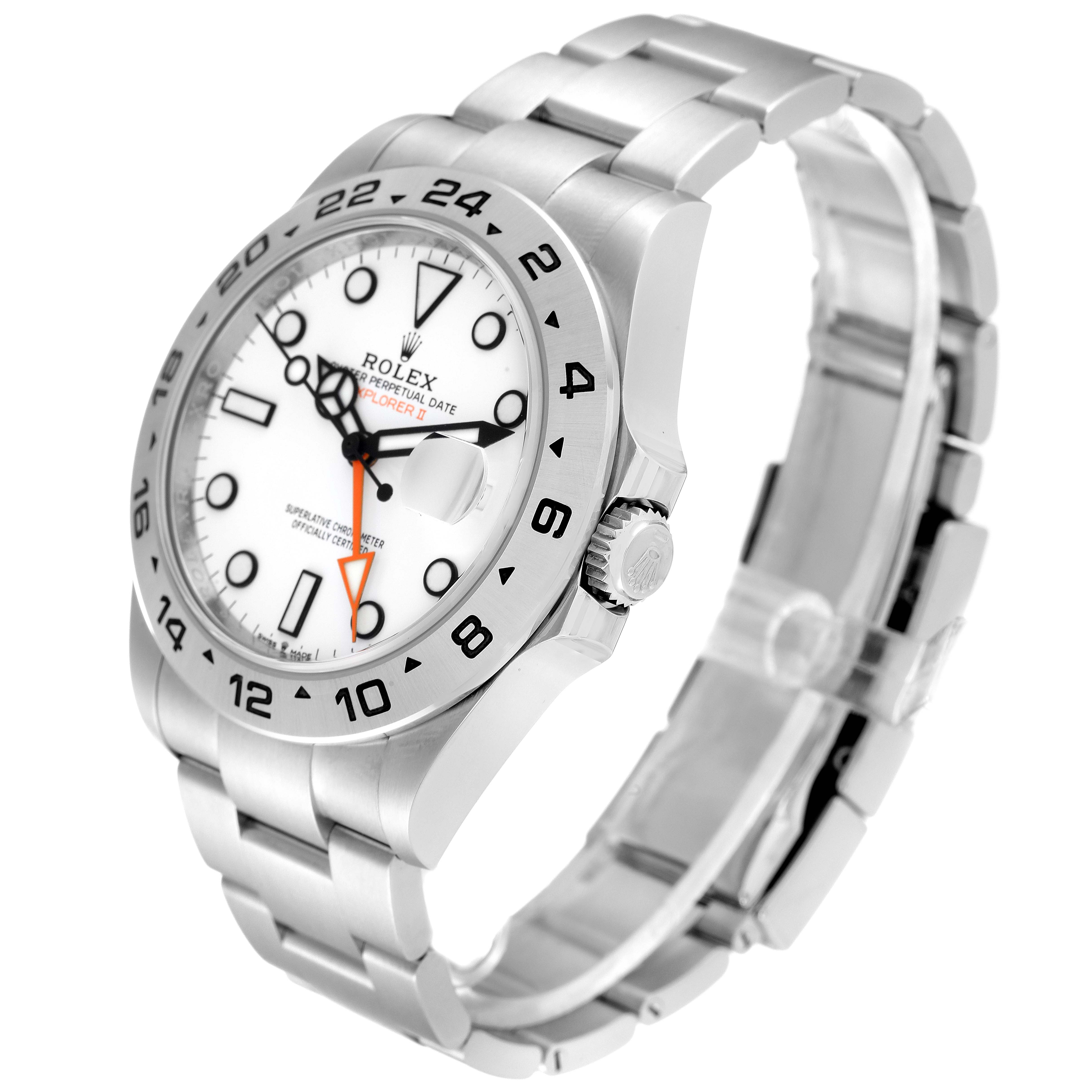 The Rolex Explorer model 226570 men
s watch is shown at a three-quarter angle, highlighting the white dial, bezel, crown, and stainless steel bracelet.