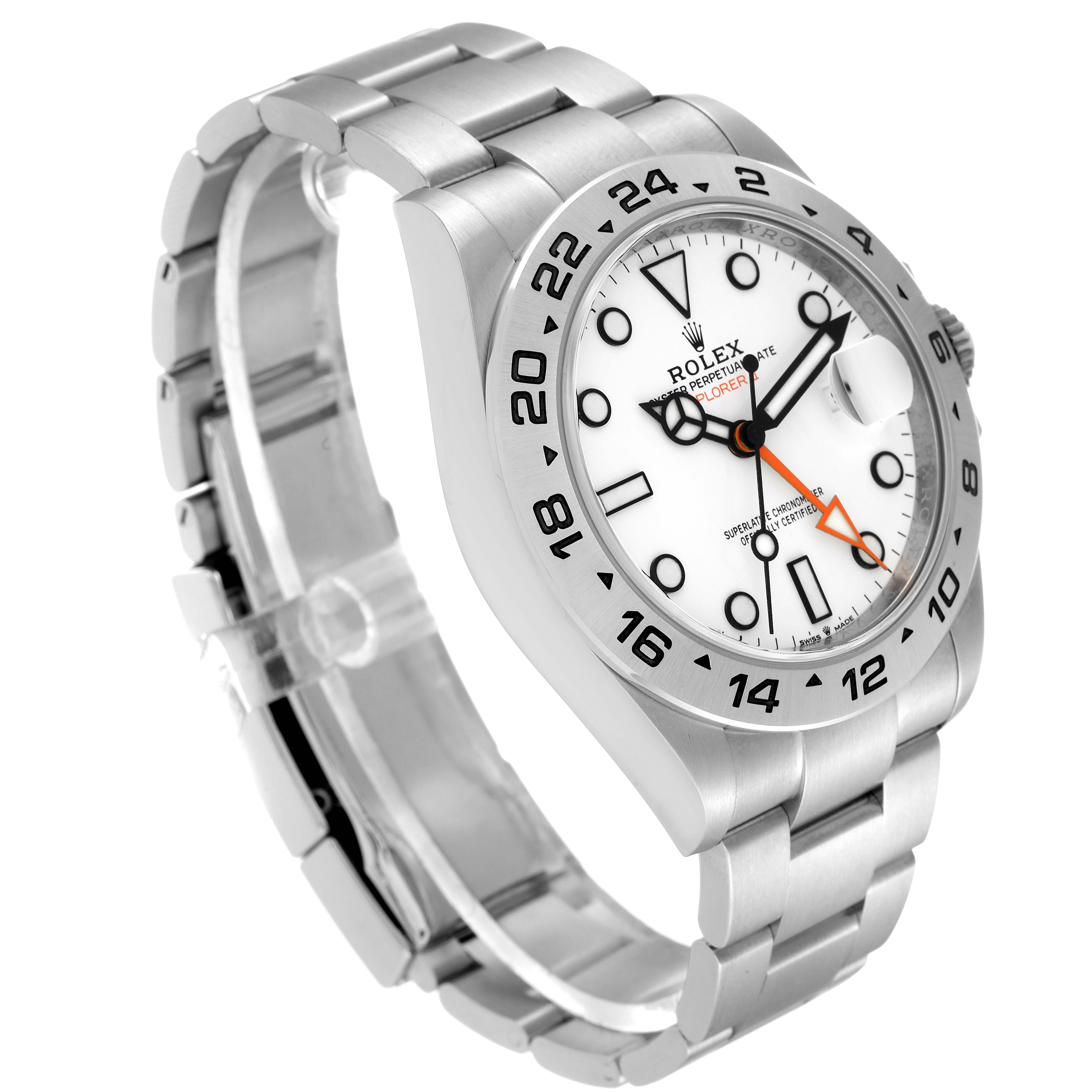 The image shows a Rolex Explorer model 226570 men
s watch at a three-quarter angle, displaying its white dial, bezel, and stainless steel bracelet.