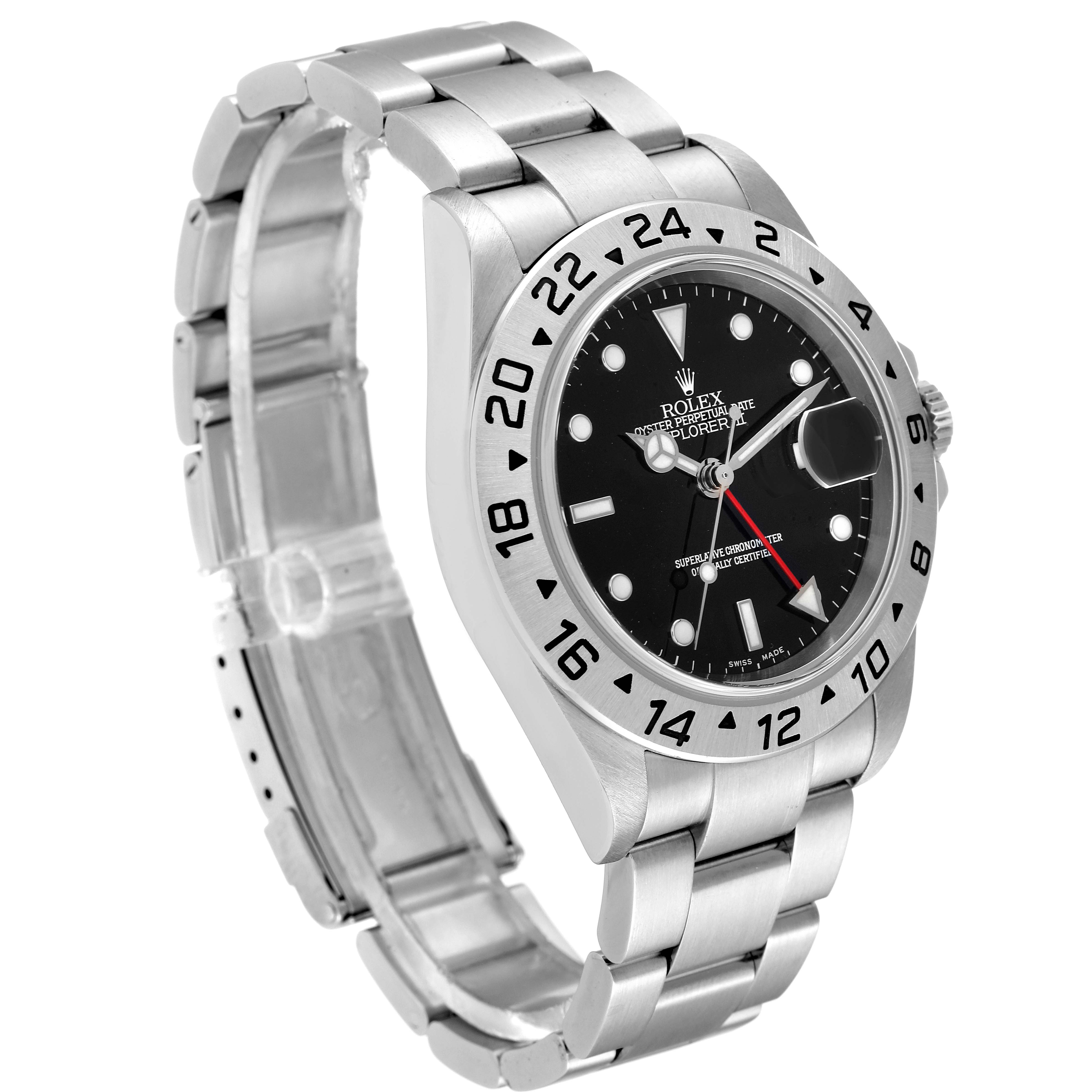 The image shows a Rolex Explorer 16570 Men's Stainless Steel Black Dial 16570 Men's Stainless Steel Black Dial watch at a three-quarter angle, displaying the face, bezel, bracelet, and clasp.