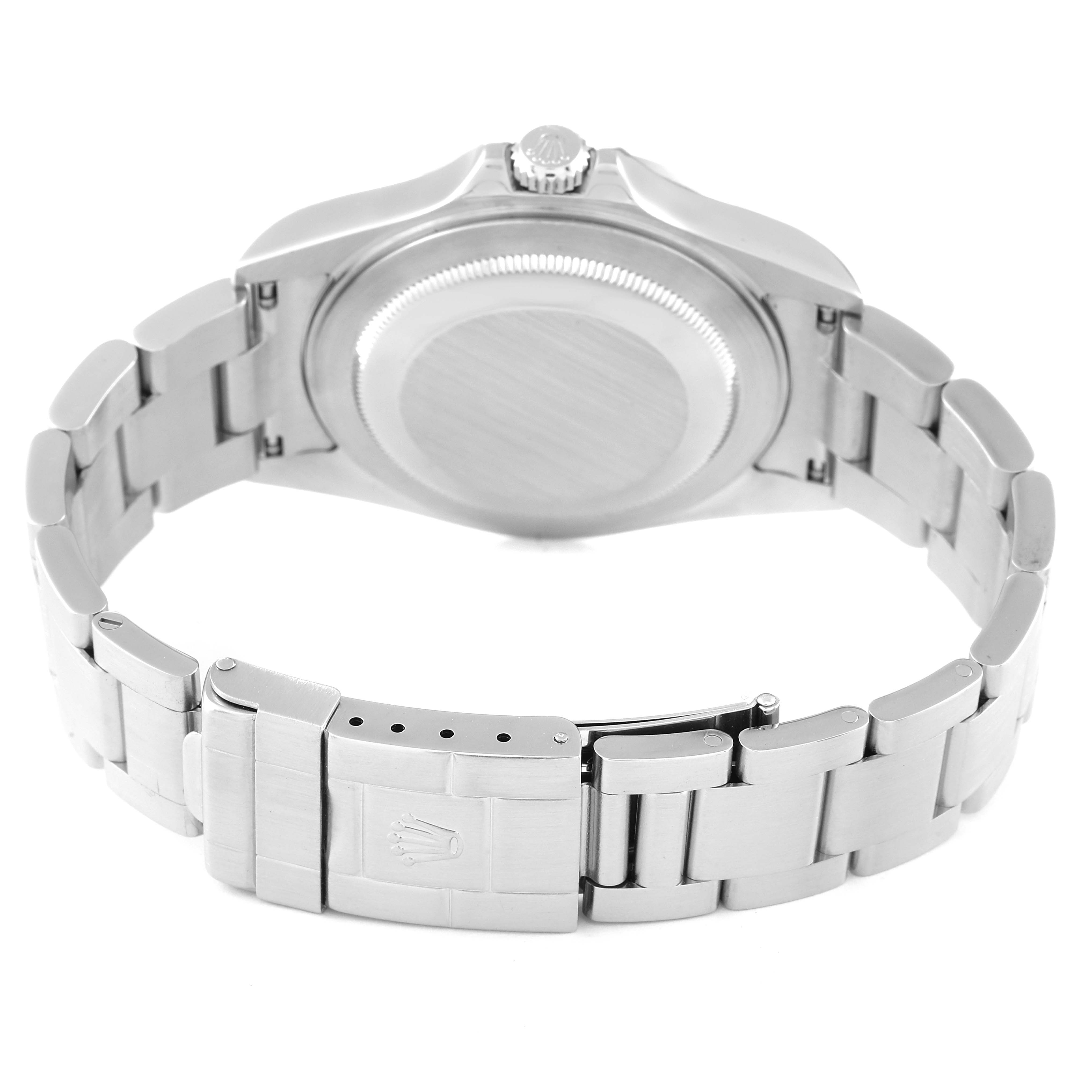 The image shows the back view of a Rolex Explorer 16570 Men's Stainless Steel Black Dial 16570 Men's Stainless Steel Black Dial model watch, highlighting the case back, crown, and the bracelet with the clasp.