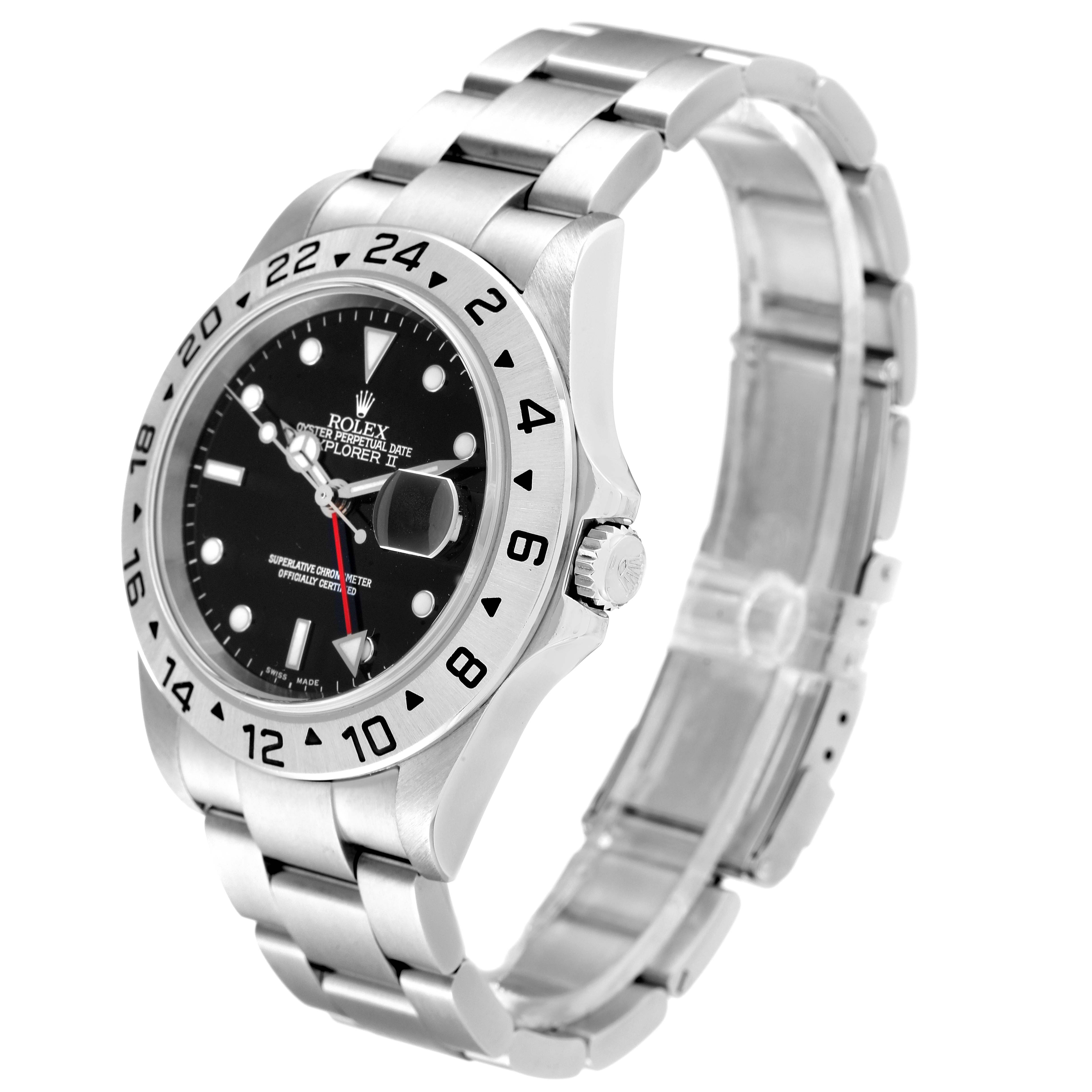 The image shows a side angle of a Rolex Explorer 16570 Men's Stainless Steel Black Dial 16570 Men's Stainless Steel Black Dial watch, highlighting its stainless steel bracelet, bezel, and black dial.
