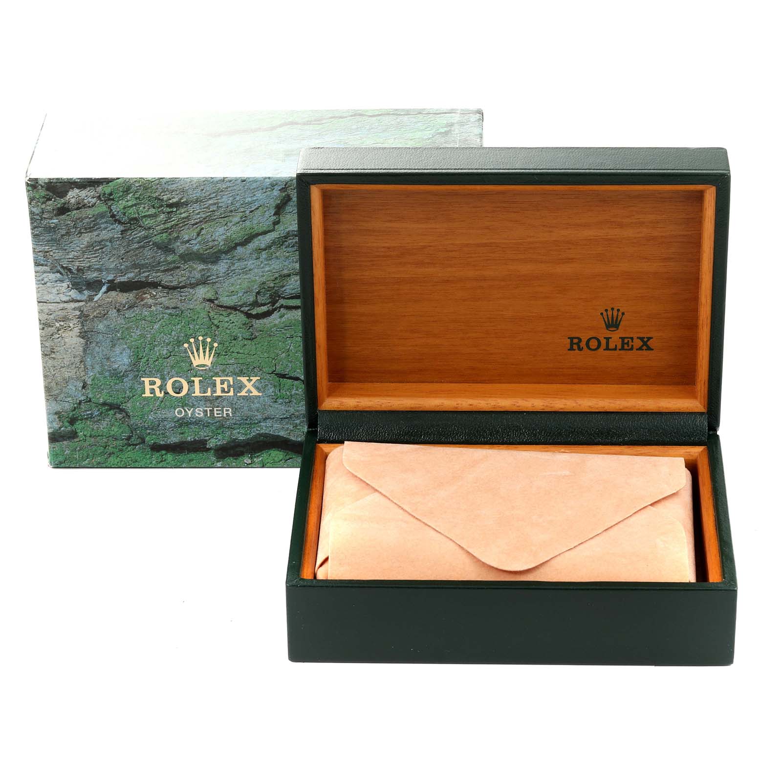 The image shows an open Rolex Explorer 16570 Men's Stainless Steel Black Dial 16570 Men's Stainless Steel Black Dial watch box with a leather envelope, alongside its outer box.