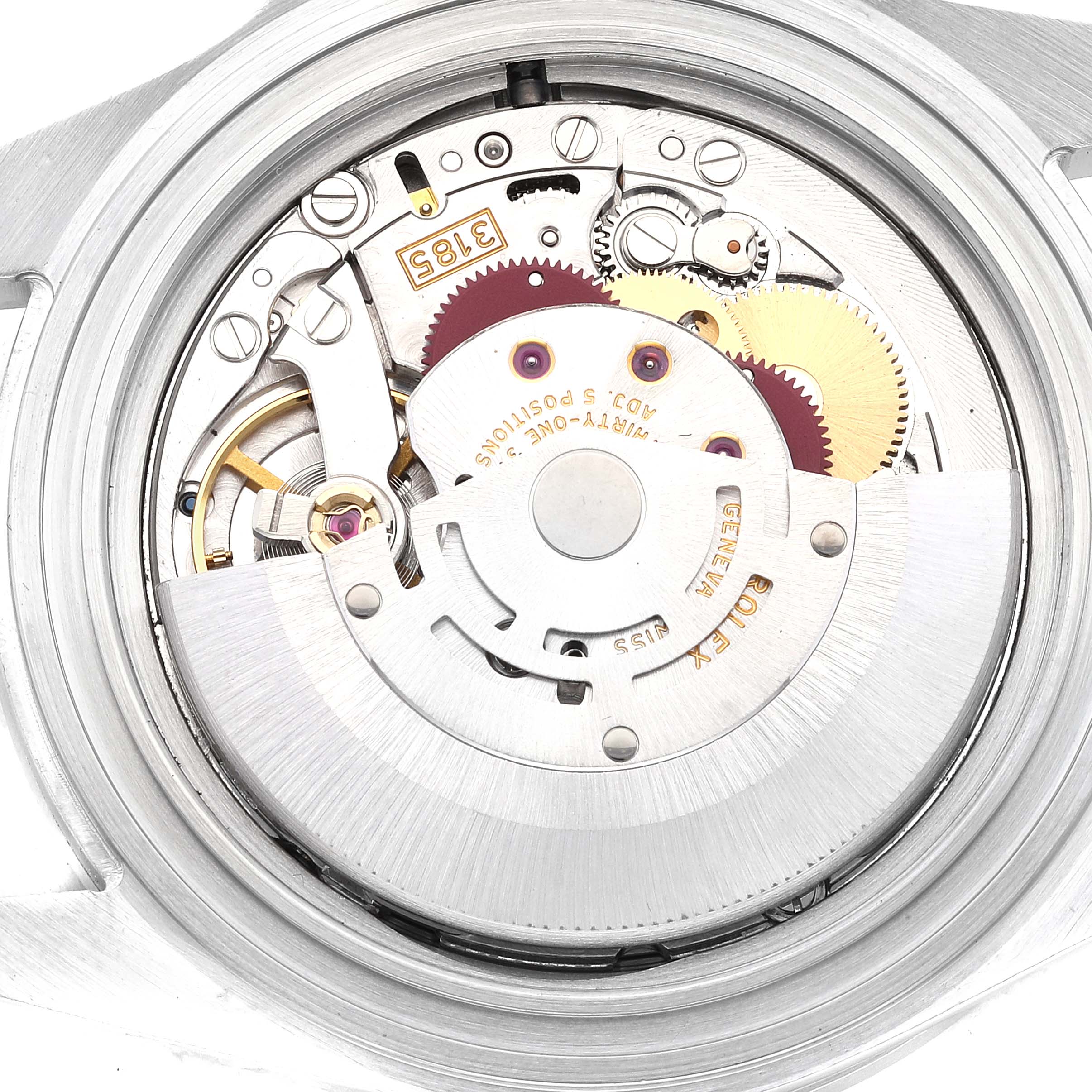 The image shows the internal mechanism of a Rolex Explorer 16570 Men's Stainless Steel Black Dial 16570 Men's Stainless Steel Black Dial watch, focusing on the movement and gears.