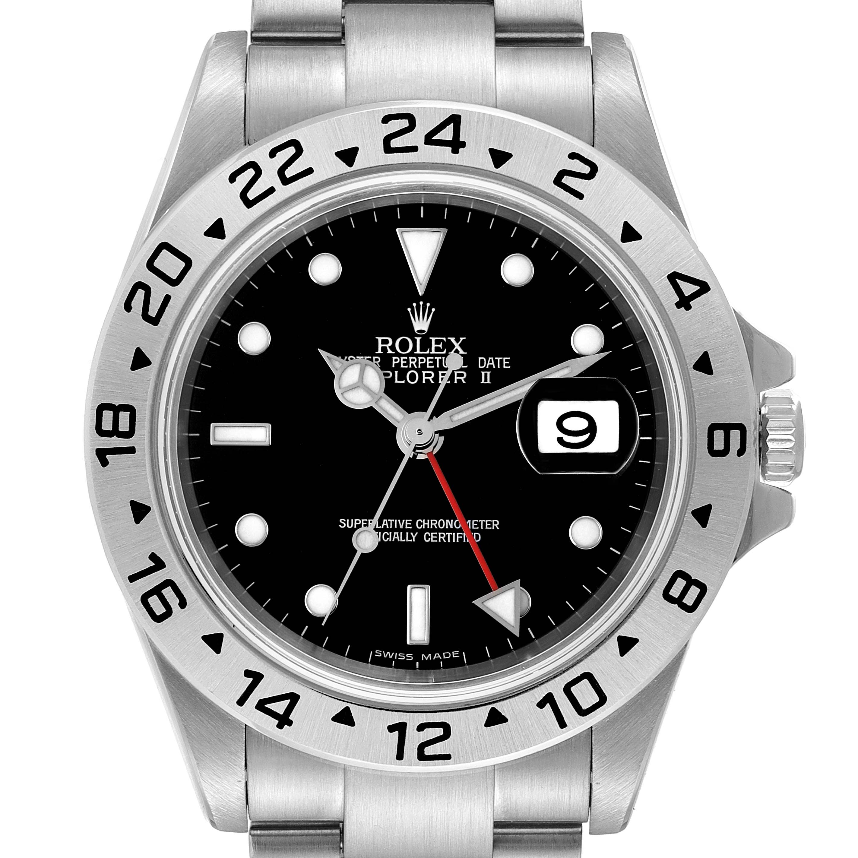 This image shows a front view of the Rolex Explorer 16570 Men's Stainless Steel Black Dial 16570 Men's Stainless Steel Black Dial watch, highlighting its dial, bezel, hands, and date window.