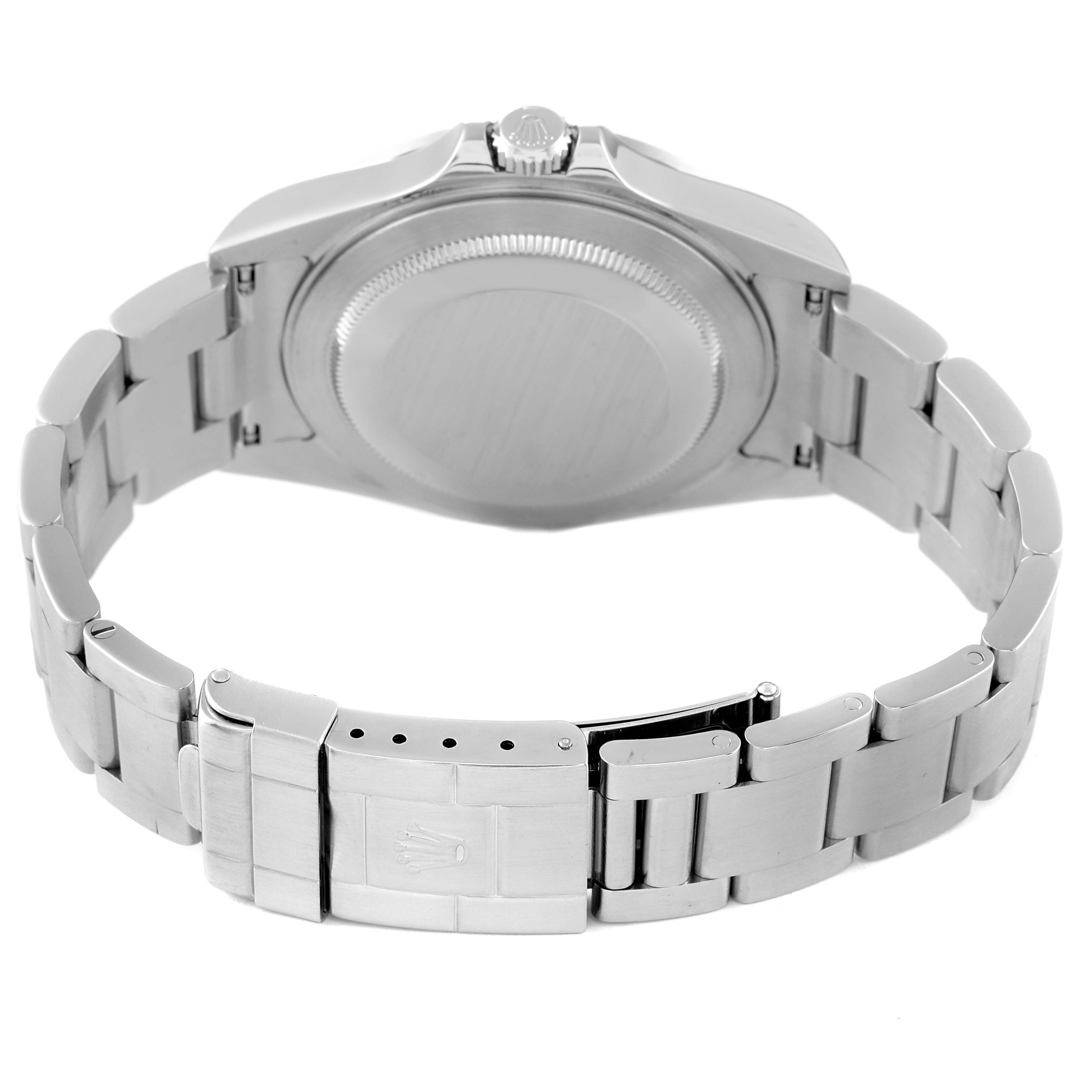 This image shows the back, bracelet, and clasp of a Rolex Explorer 16570 Men's Stainless Steel Black Dial 16570 Men's Stainless Steel Black Dial watch.