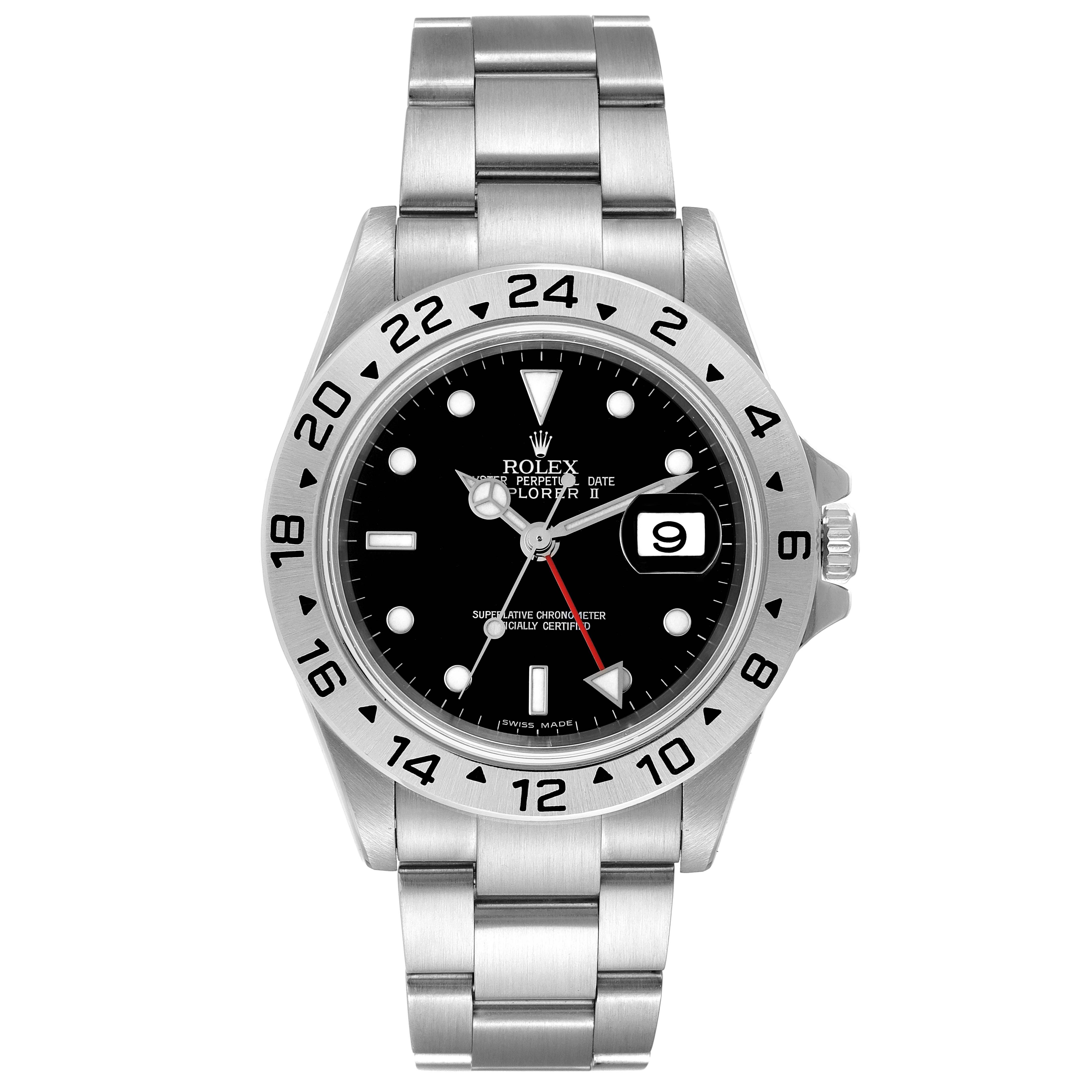The image shows a front view of the Rolex Explorer 16570 Men's Stainless Steel Black Dial 16570 Men's Stainless Steel Black Dial watch with a clear display of its black dial, date window, bezel, and stainless steel bracelet.