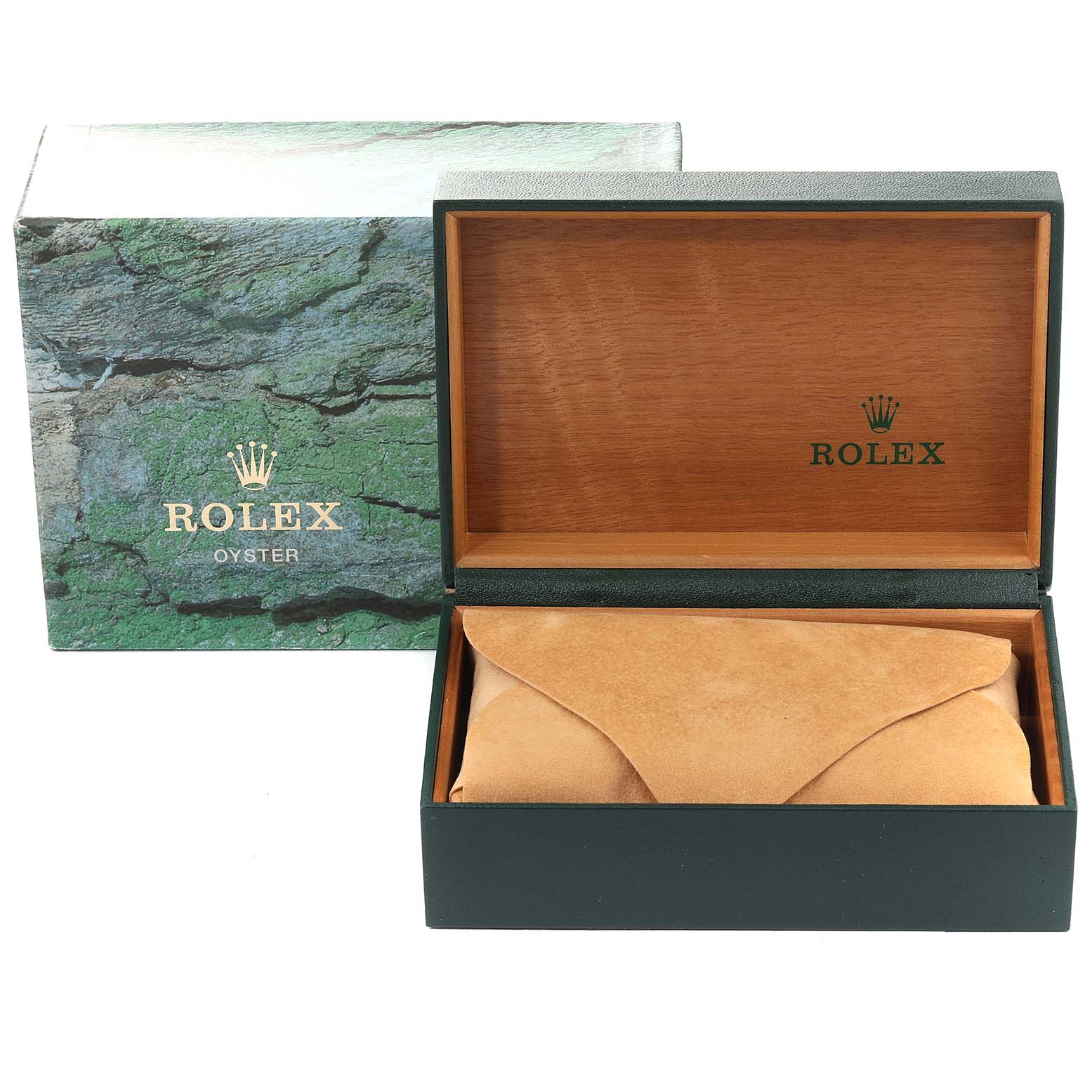 The image shows the open box and packaging of a Rolex Explorer 16570 Men's Stainless Steel Black Dial 16570 Men's Stainless Steel Black Dial model watch, angled from the front.