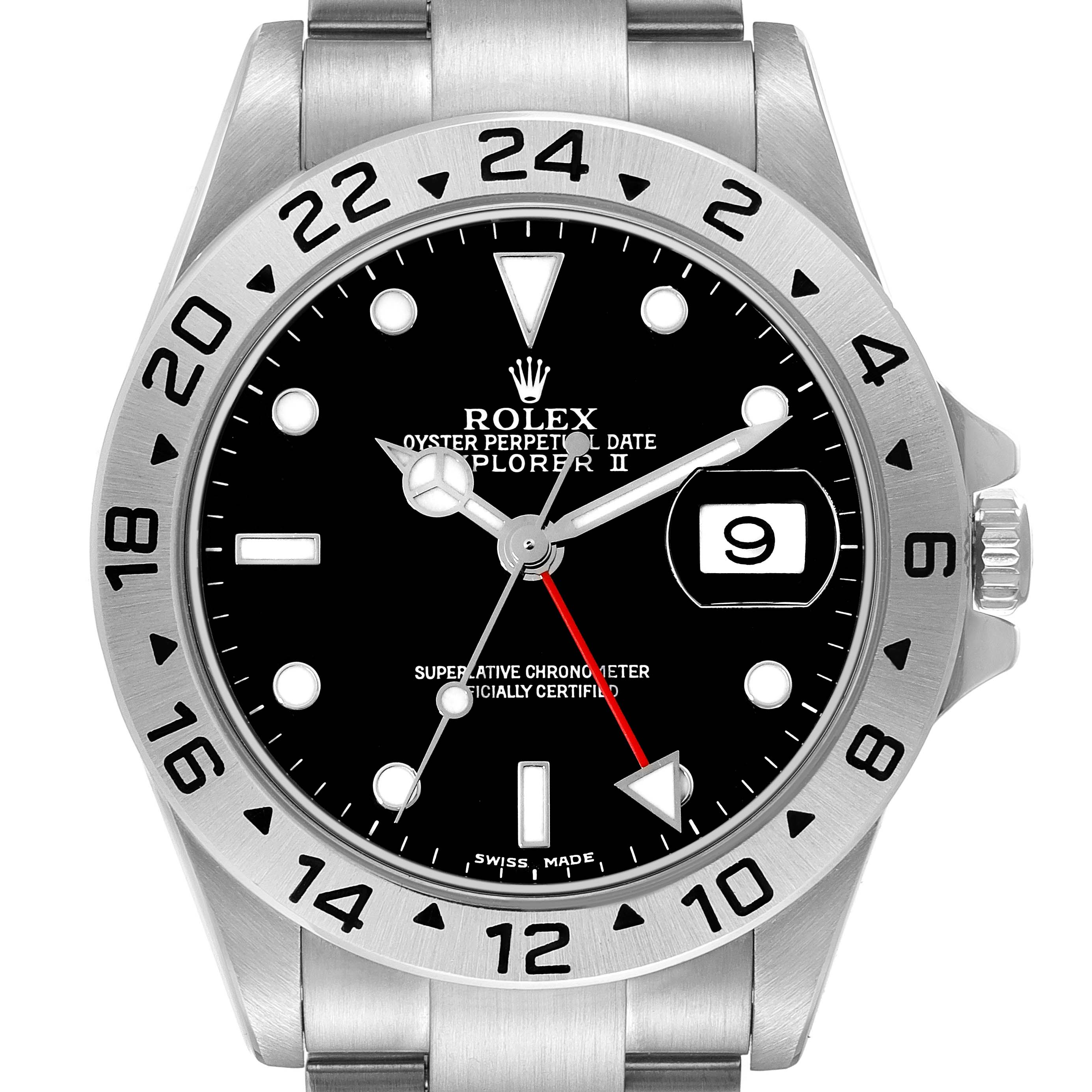 The Rolex Explorer 16570 Men
s Stainless Steel Black Dial 16570 Men
s Stainless Steel Black Dial watch is shown from a front angle, highlighting the dial, bezel, hands, date window, and part of the bracelet.