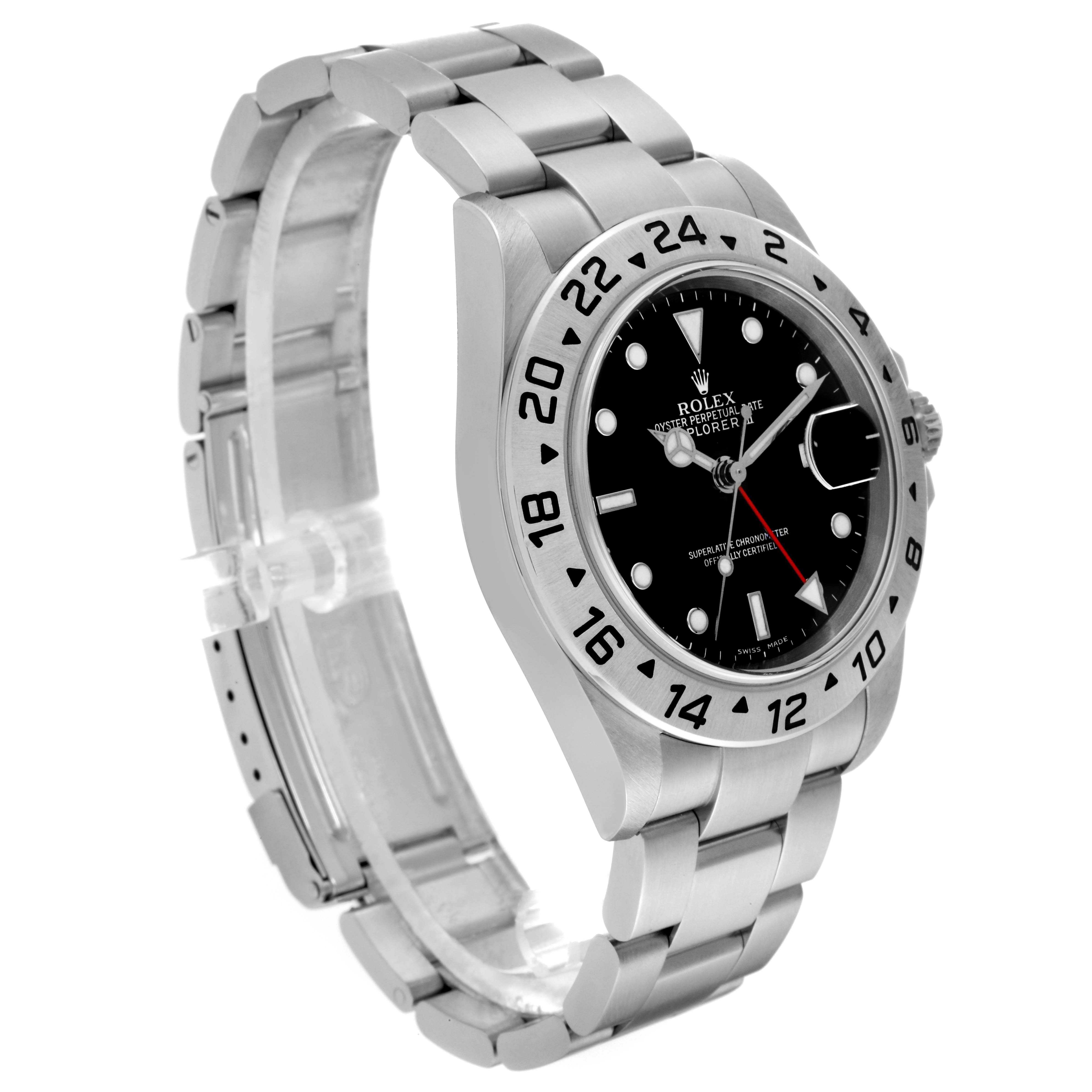 The image shows a Rolex Explorer 16570 Men
s Stainless Steel Black Dial 16570 Men
s Stainless Steel Black Dial watch from a three-quarter angle, highlighting its dial, bezel, bracelet, and clasp.