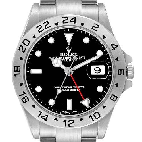 The Rolex Explorer II watch is shown from the front, displaying the face, bezel, hands, and date window.