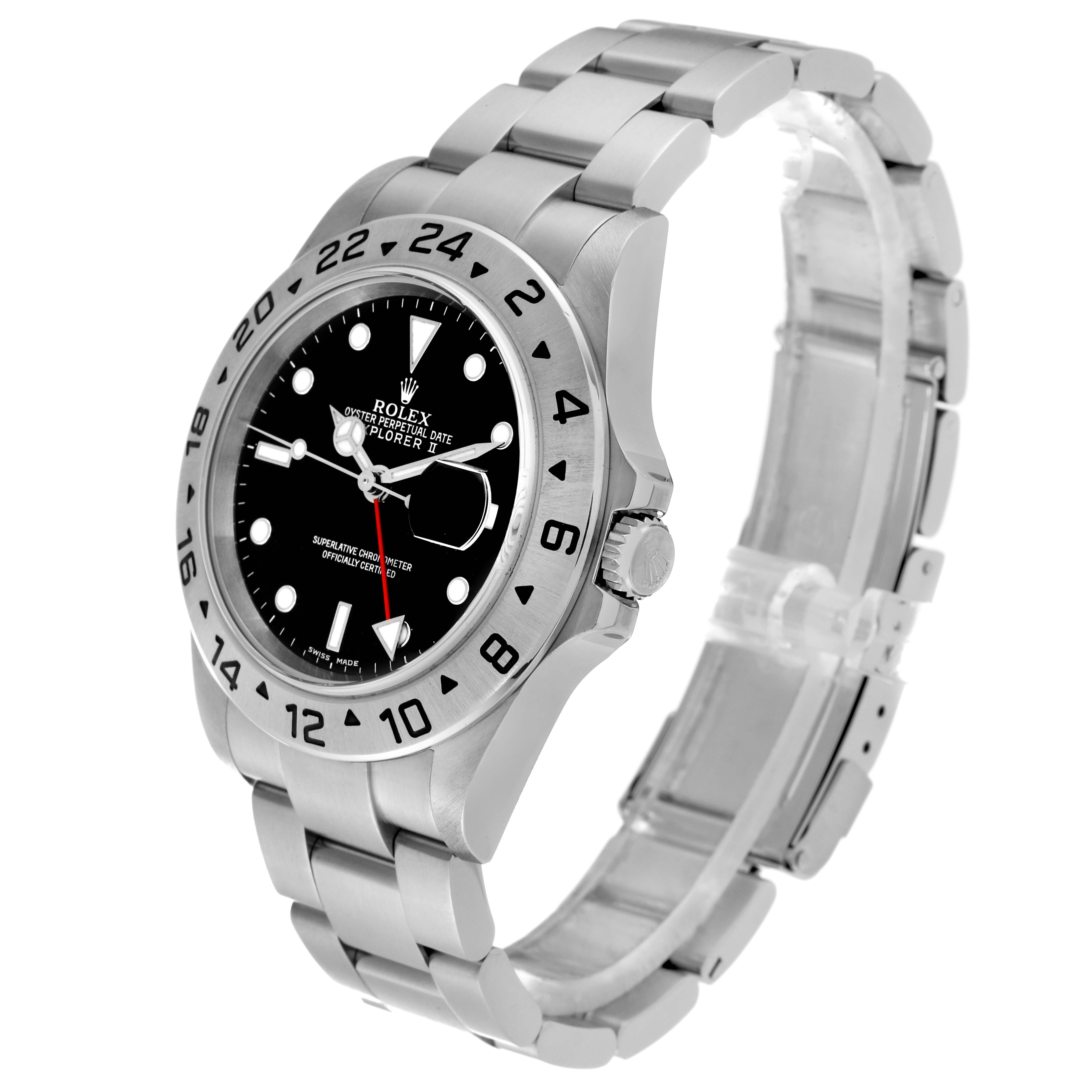 The image shows a Rolex Explorer 16570 Men
s Stainless Steel Black Dial 16570 Men
s Stainless Steel Black Dial watch at an angle showcasing its silver bracelet, black dial, bezel, and crown.